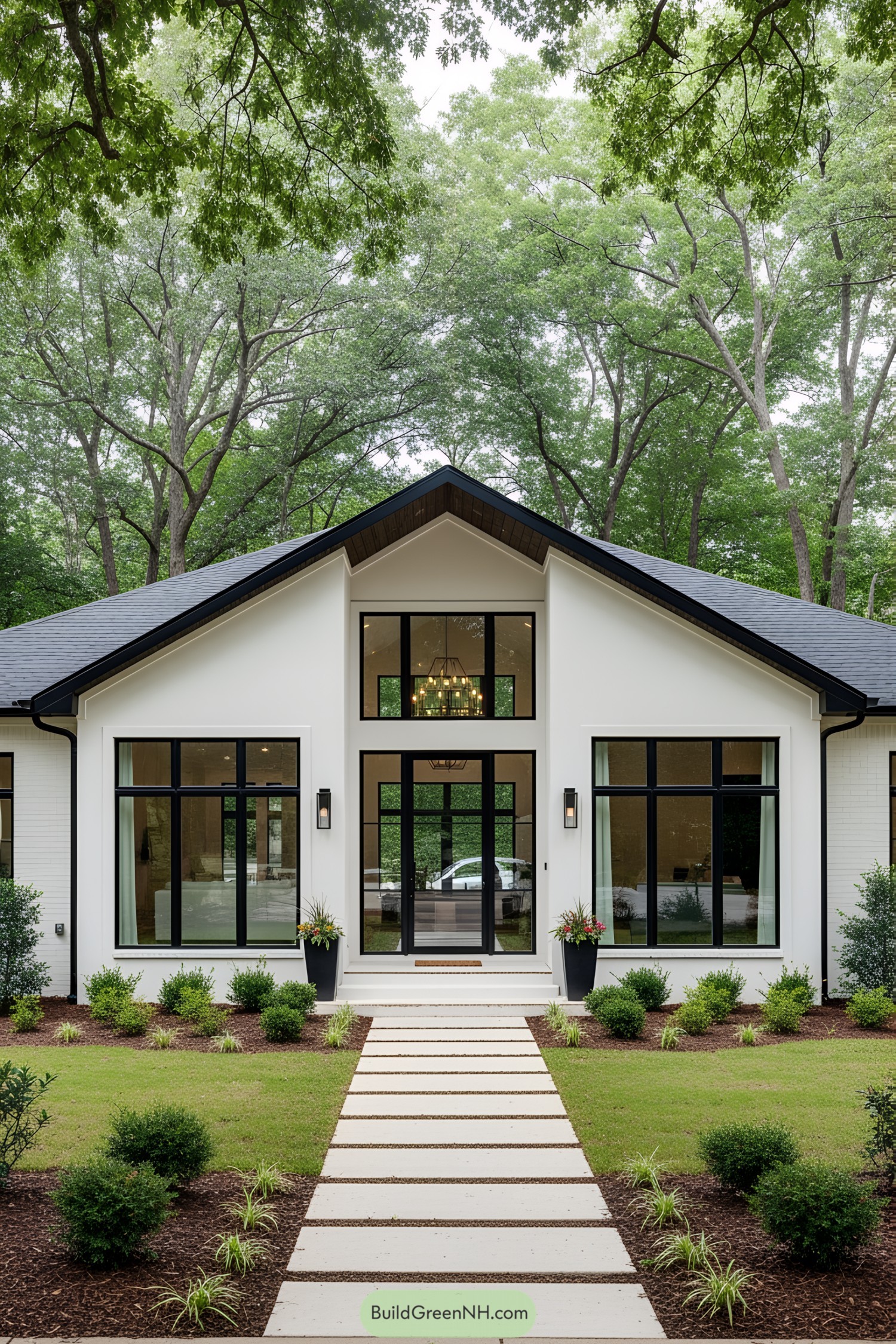 Contemporary white ranch house with large windows