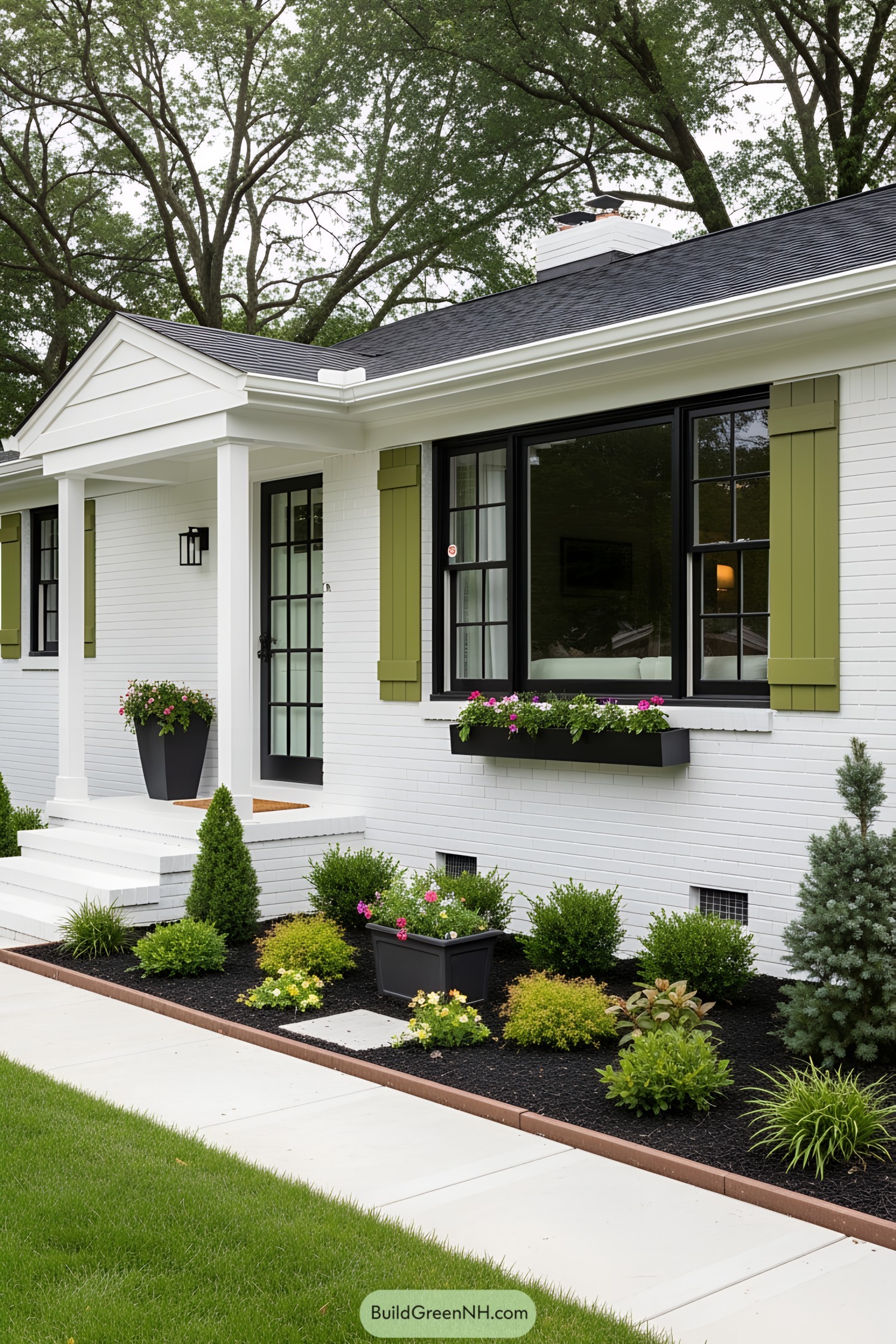 Charming white house with green accents and a lush garden