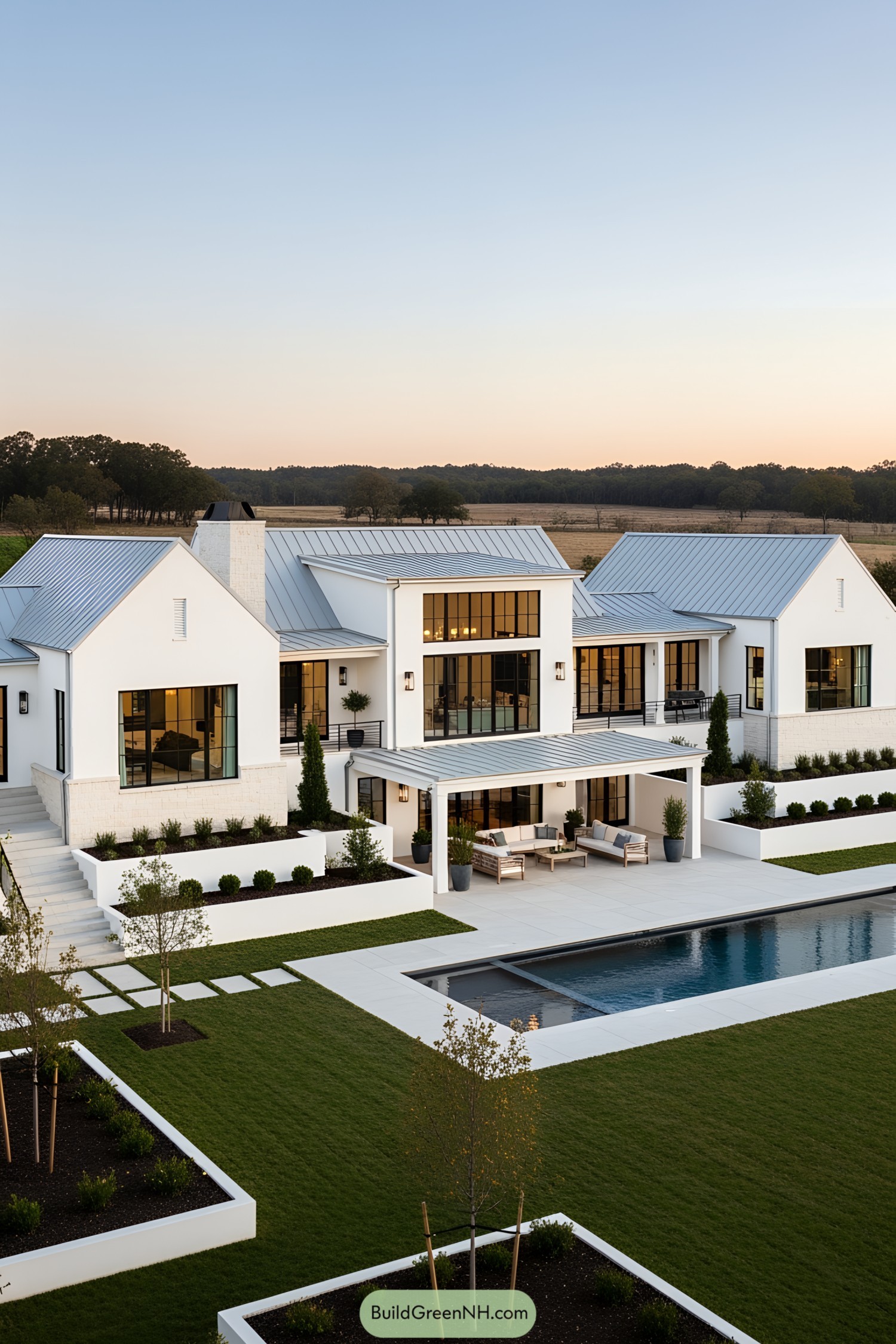 Modern white ranch house with a sleek poolside