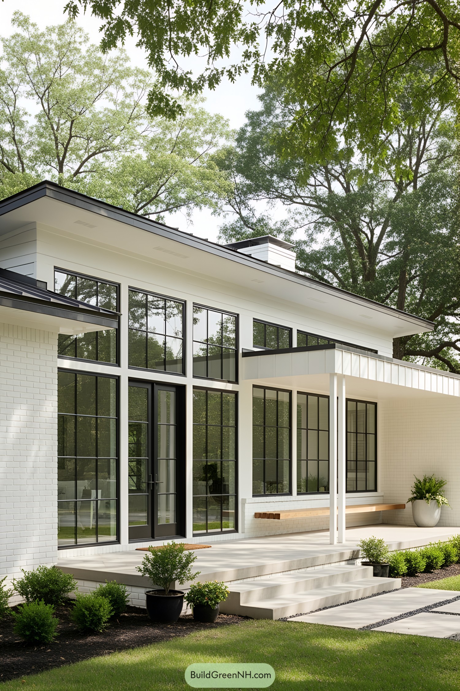 Stylish white ranch house with large windows