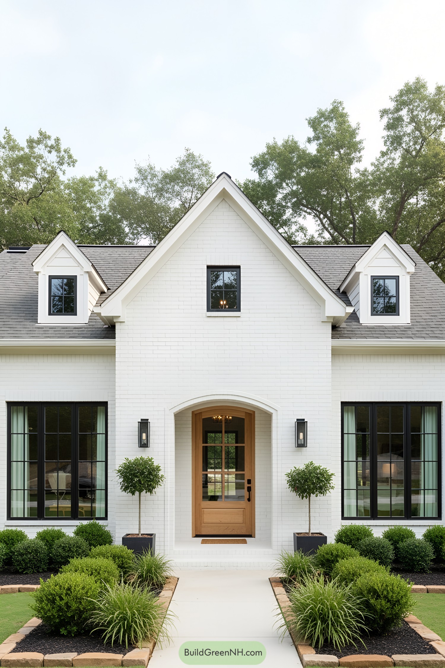 Front of a white brick ranch house with a wooden door