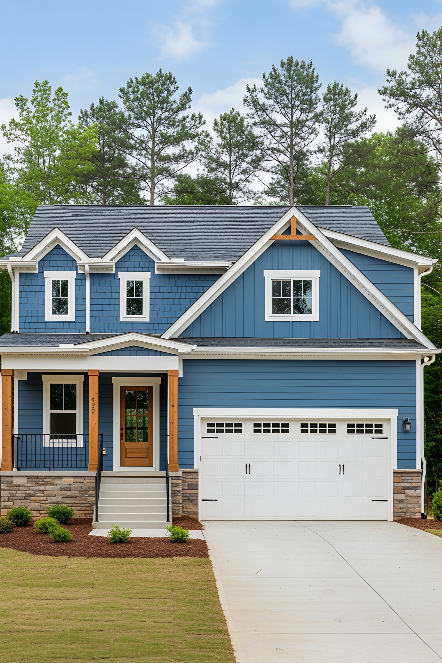 A two-story blue cottage with a front garage