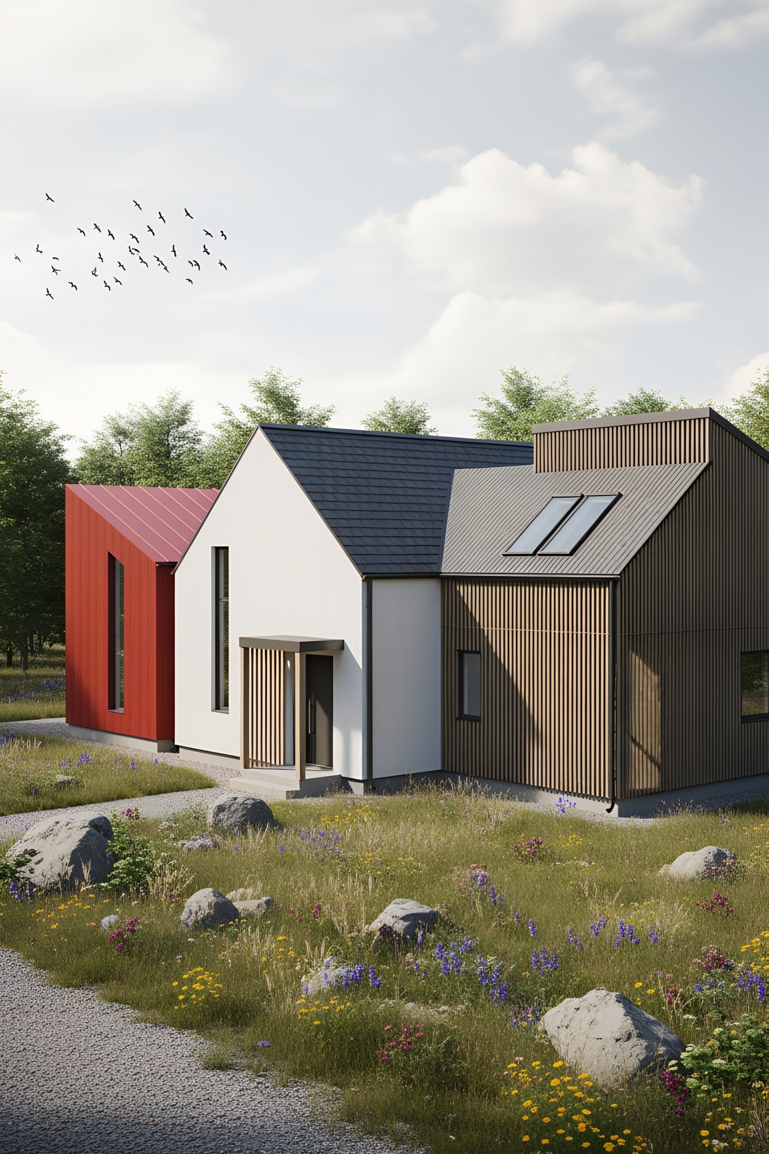 Contemporary cottage with vibrant red and neutral tones