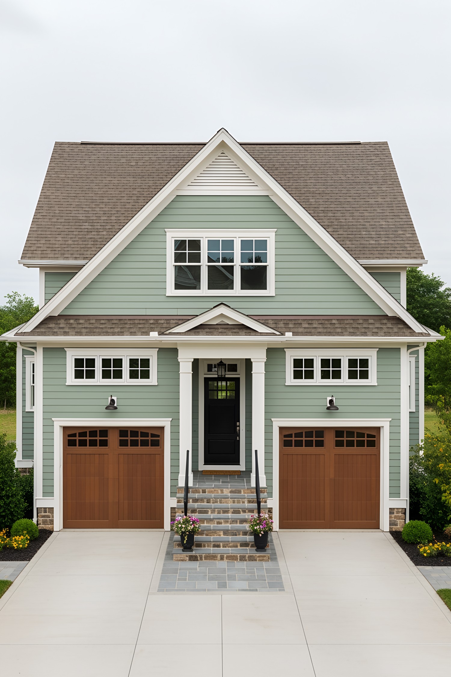 Green cottage with twin wooden garage doors