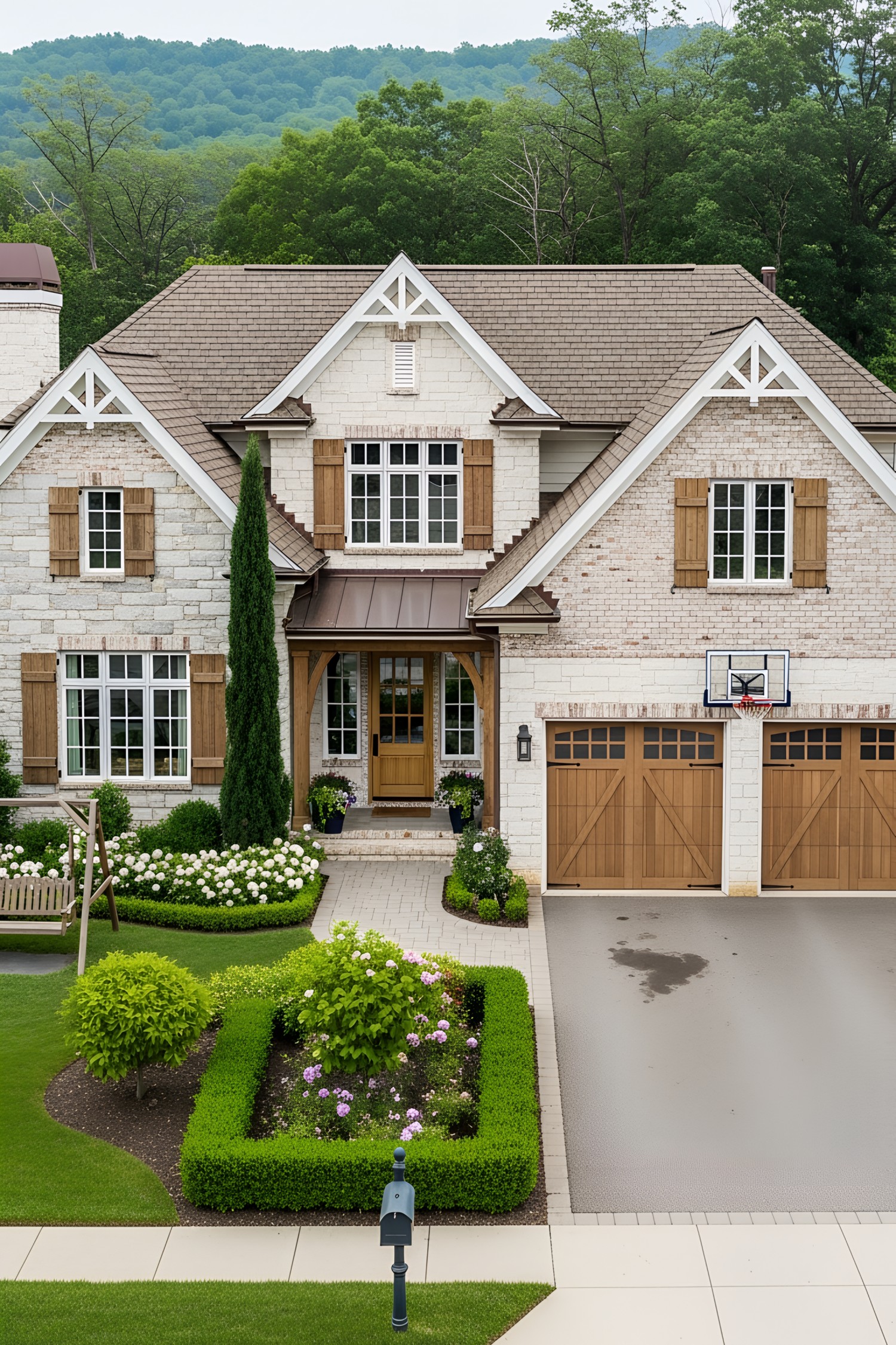 Charming brick house with wooden accents and lush front garden