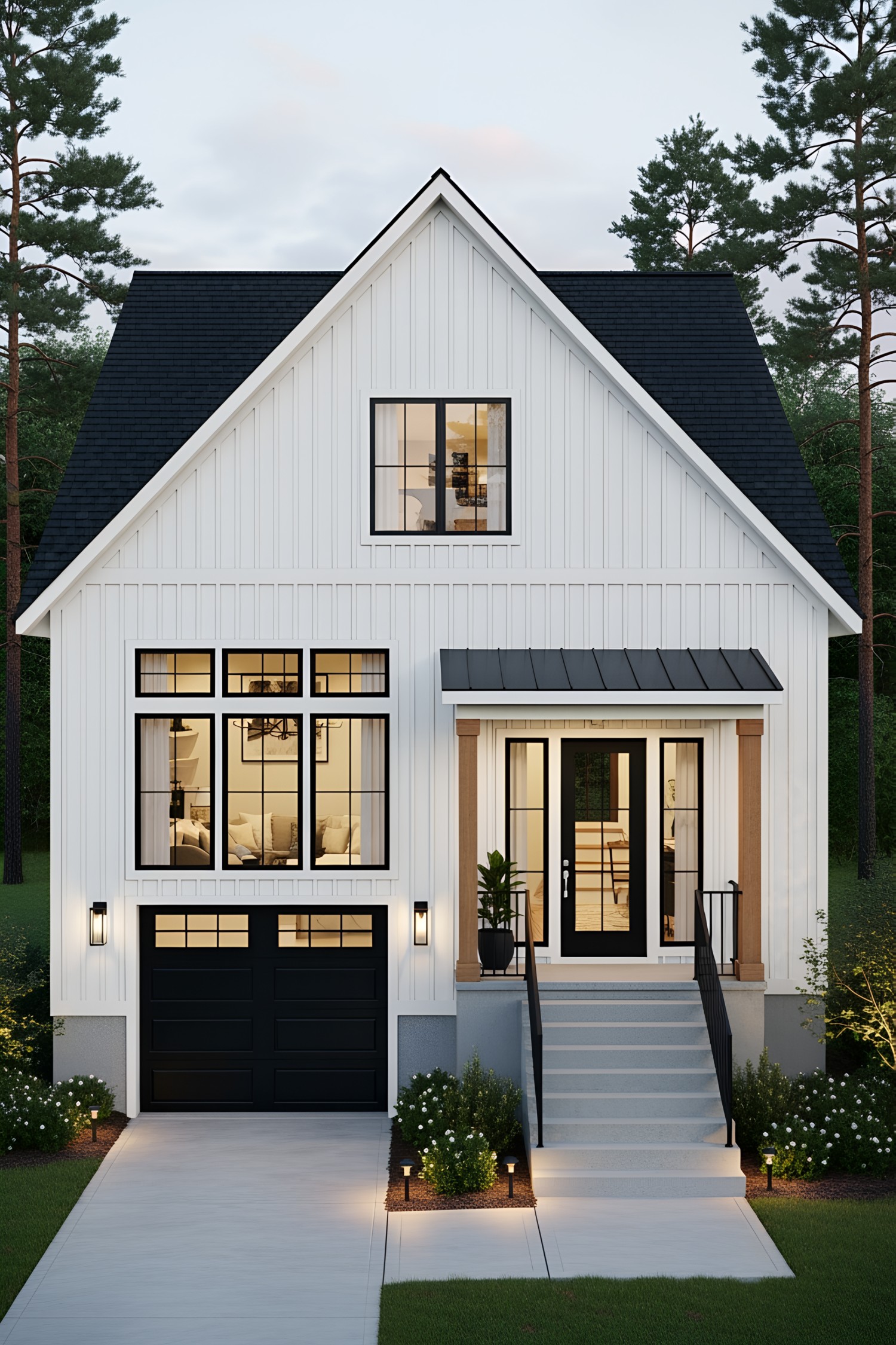Modern white cottage with black garage
