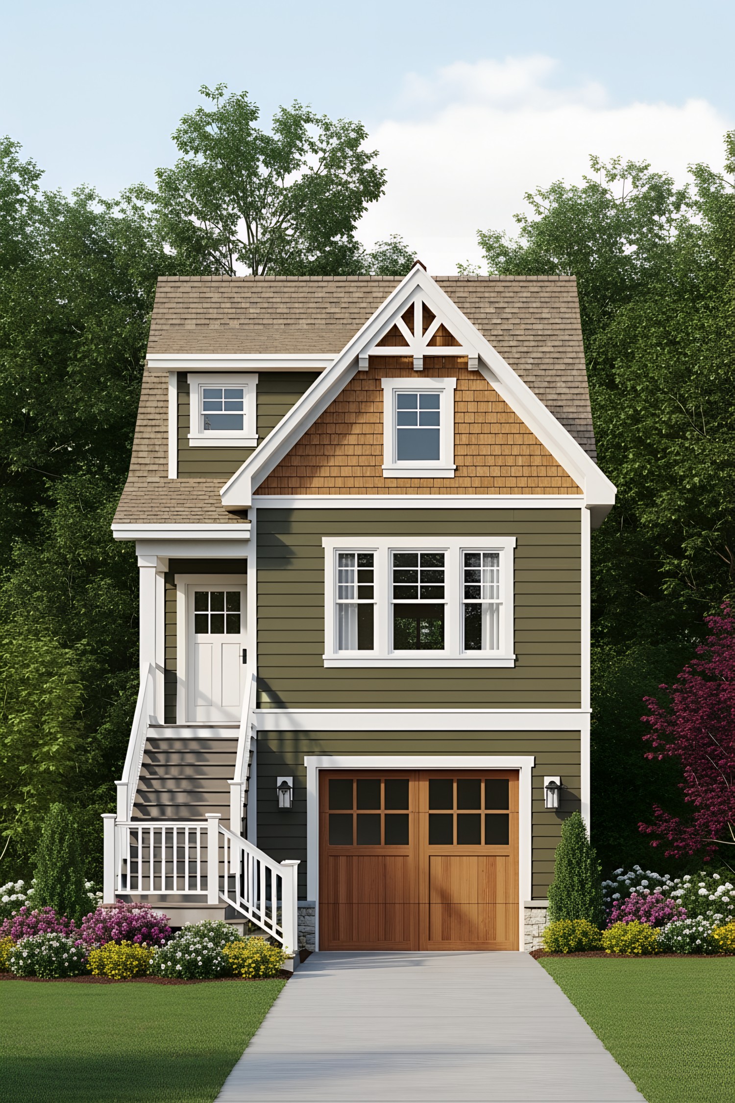 Charming cottage with green siding and wooden garage door