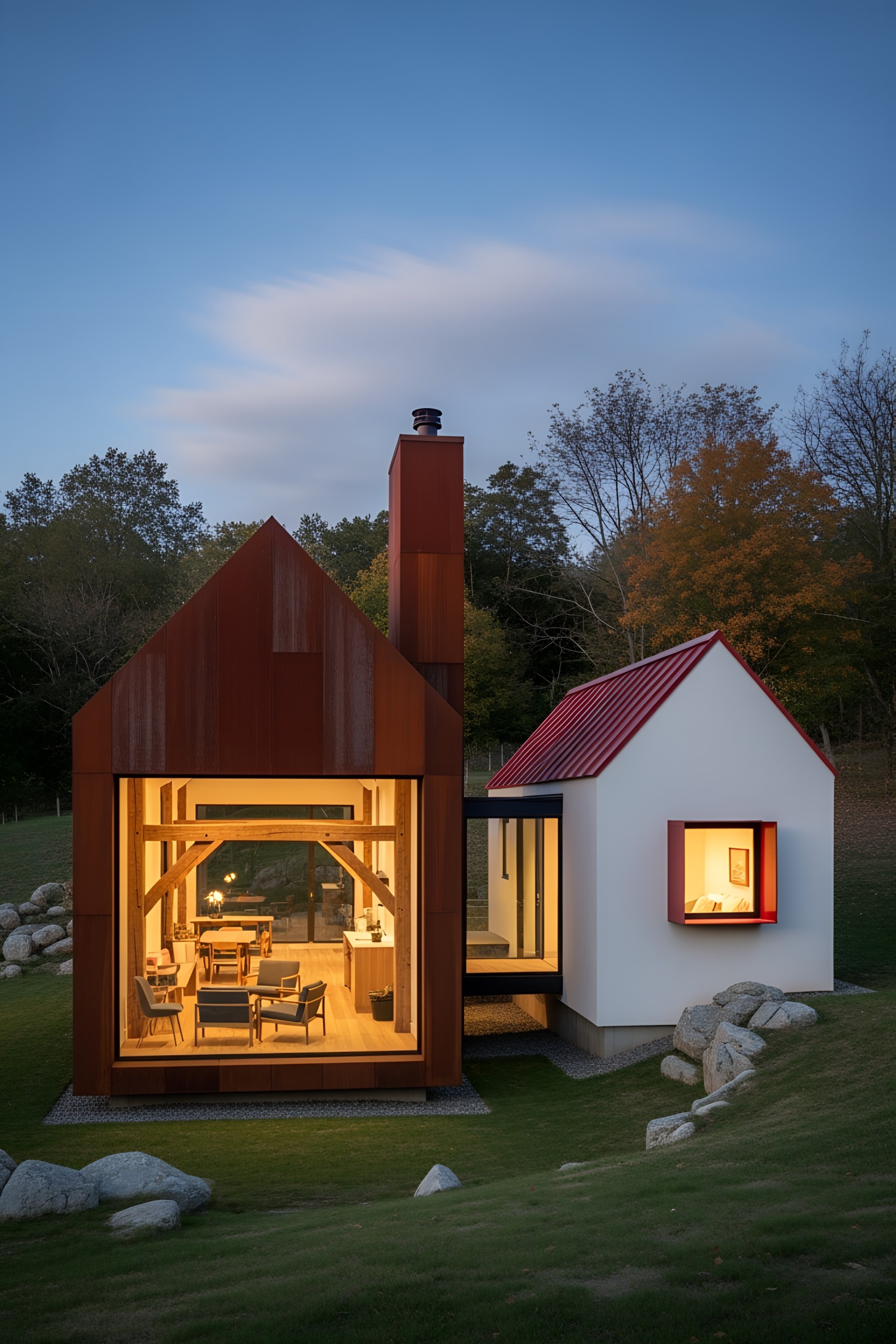 Modern Irish cottage with warm lighting and rustic design