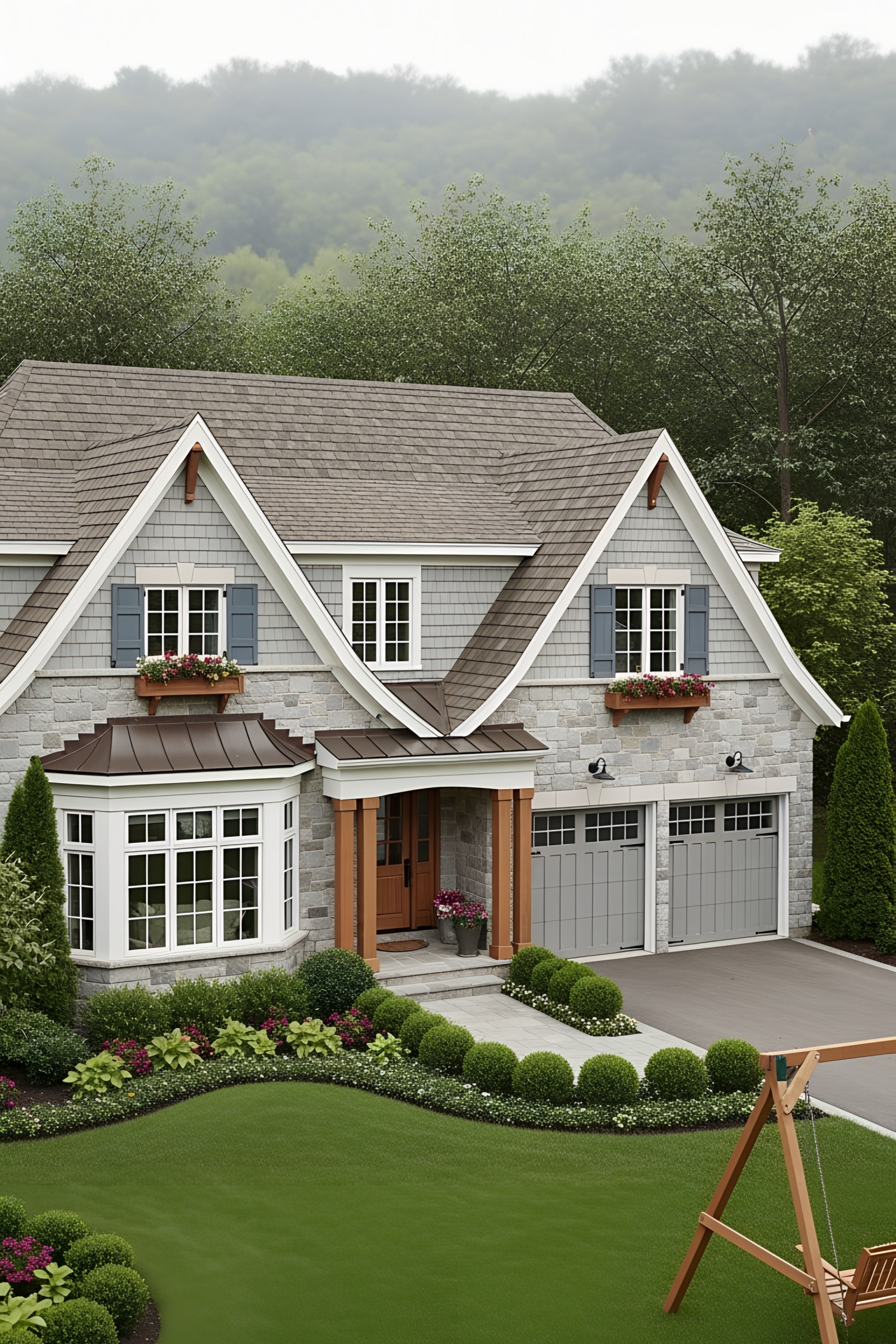 Cottage with two-car garage and lush garden