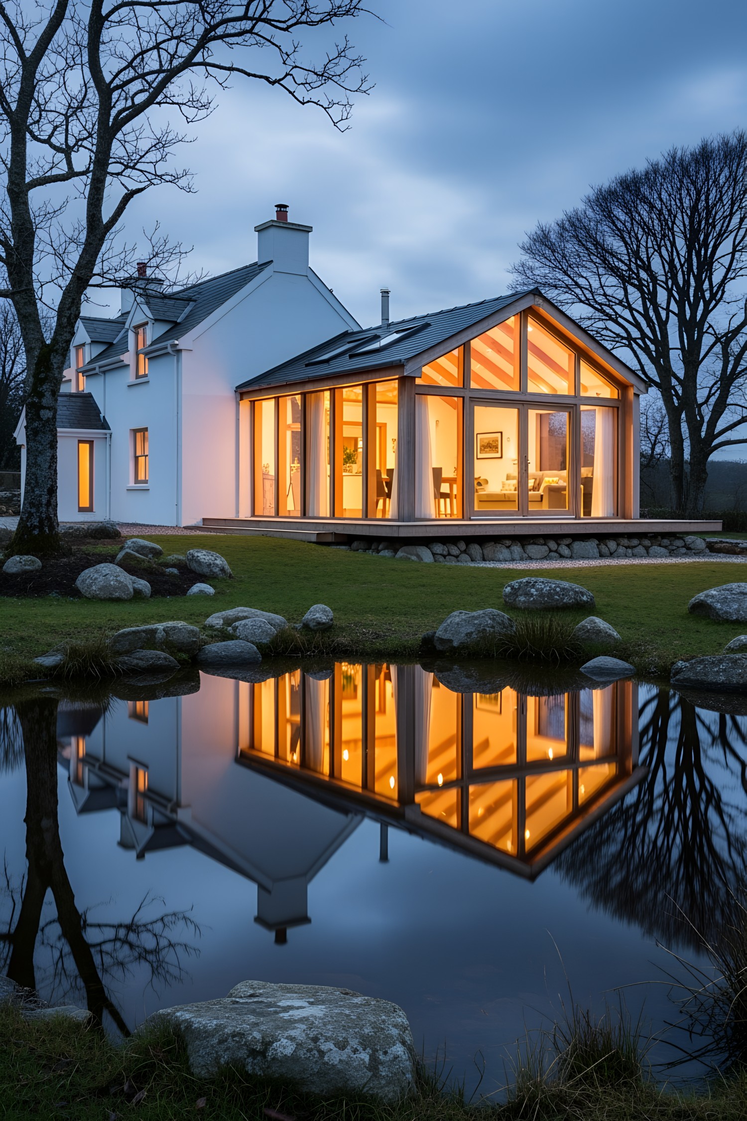 Modern Irish cottage with glass extension and pond reflection