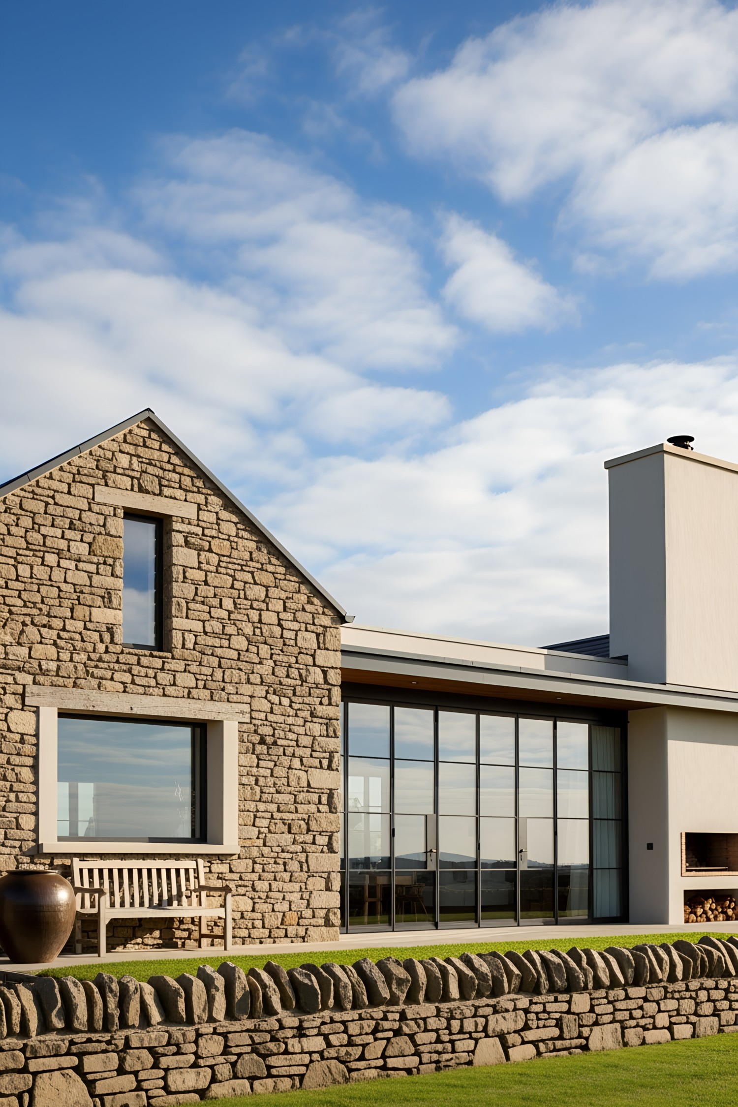 Modern Irish cottage with stone and glass elements