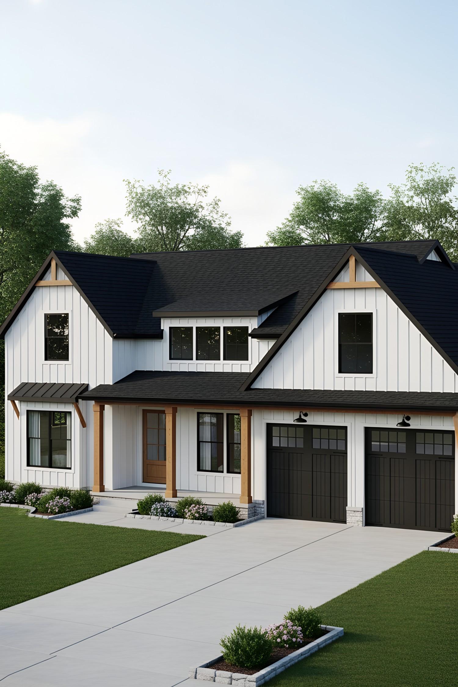 Modern cottage with a sleek black roof and contrasting elements