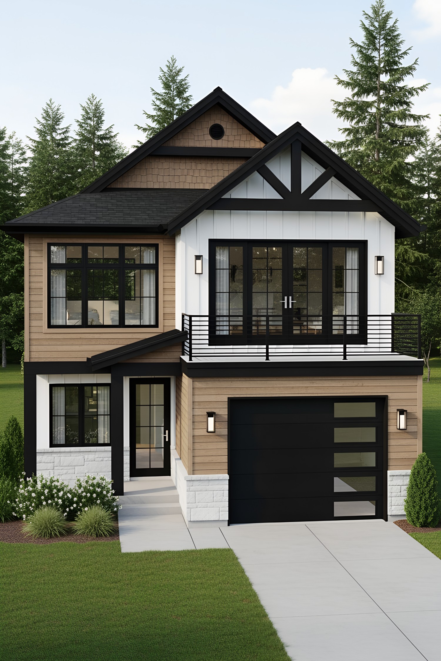 Modern cottage with a stylish garage and black trim