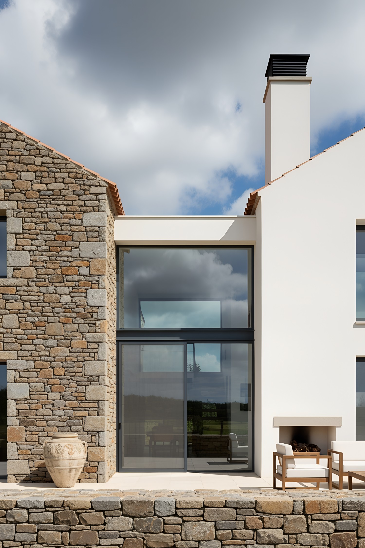 Contemporary Irish cottage with stone and glass elements