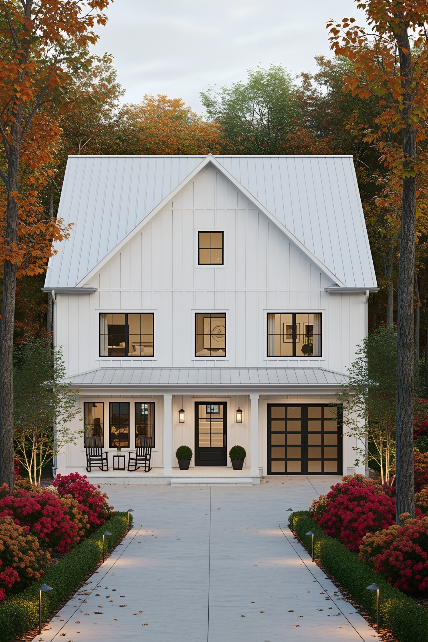Modern white cottage with sleek design and garage