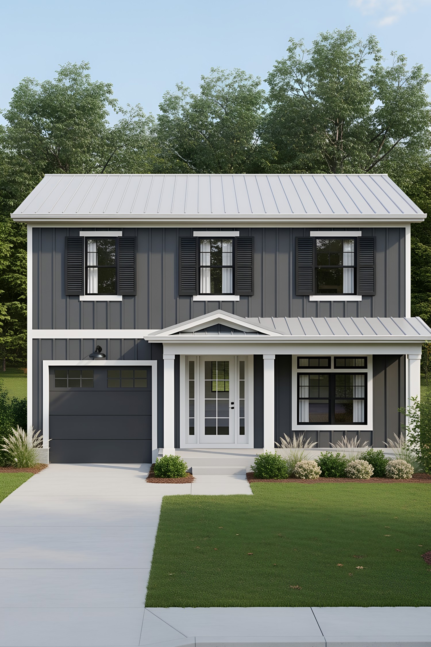 Stylish dark cottage with a garage and classic white trim