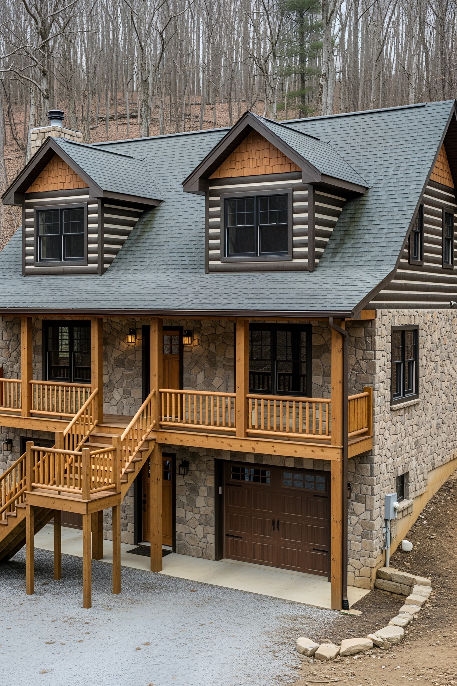 Log cabin with stone facade and wooden garage