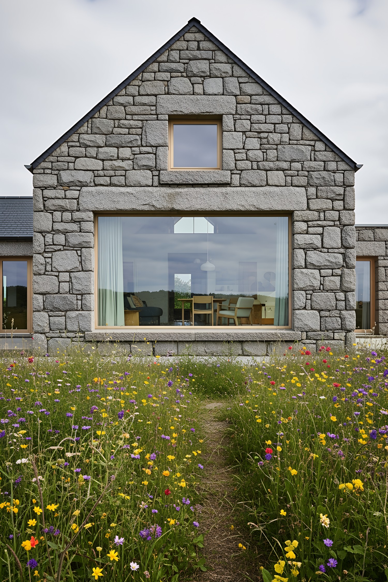 Stone-clad cottage with large windows in a wildflower field