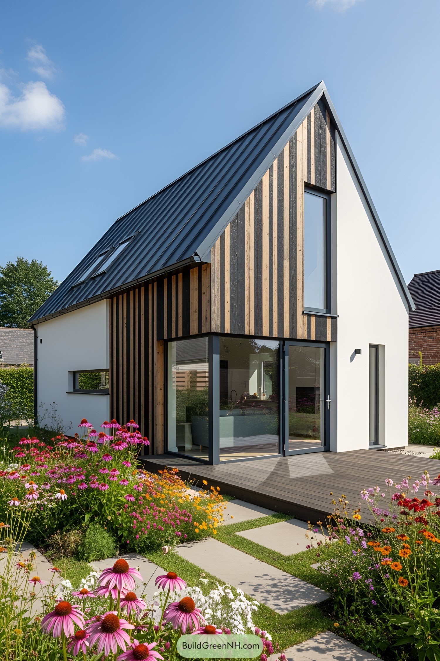 Tiny house with a deck and vibrant flower garden