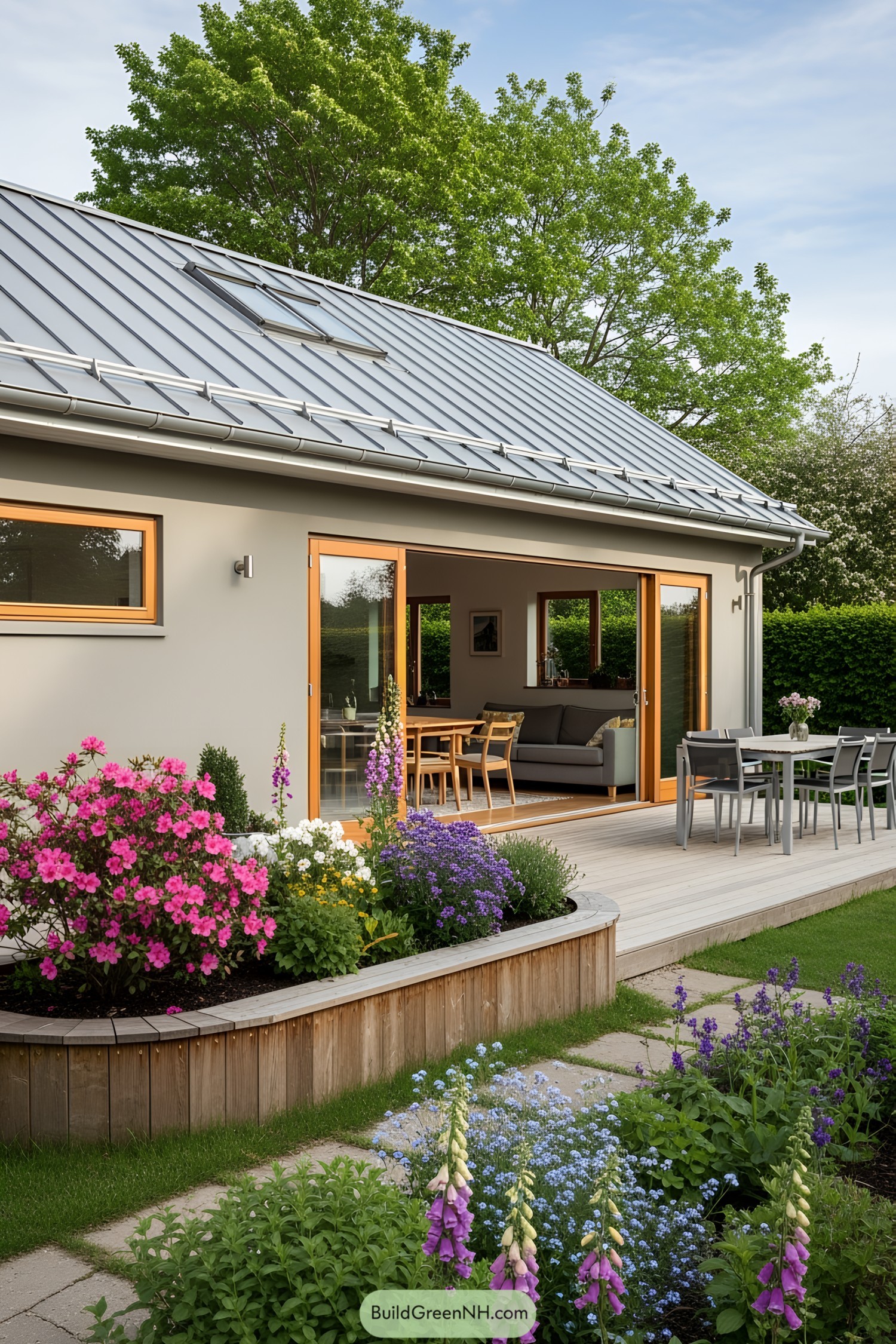 Tiny house with a vibrant flower garden