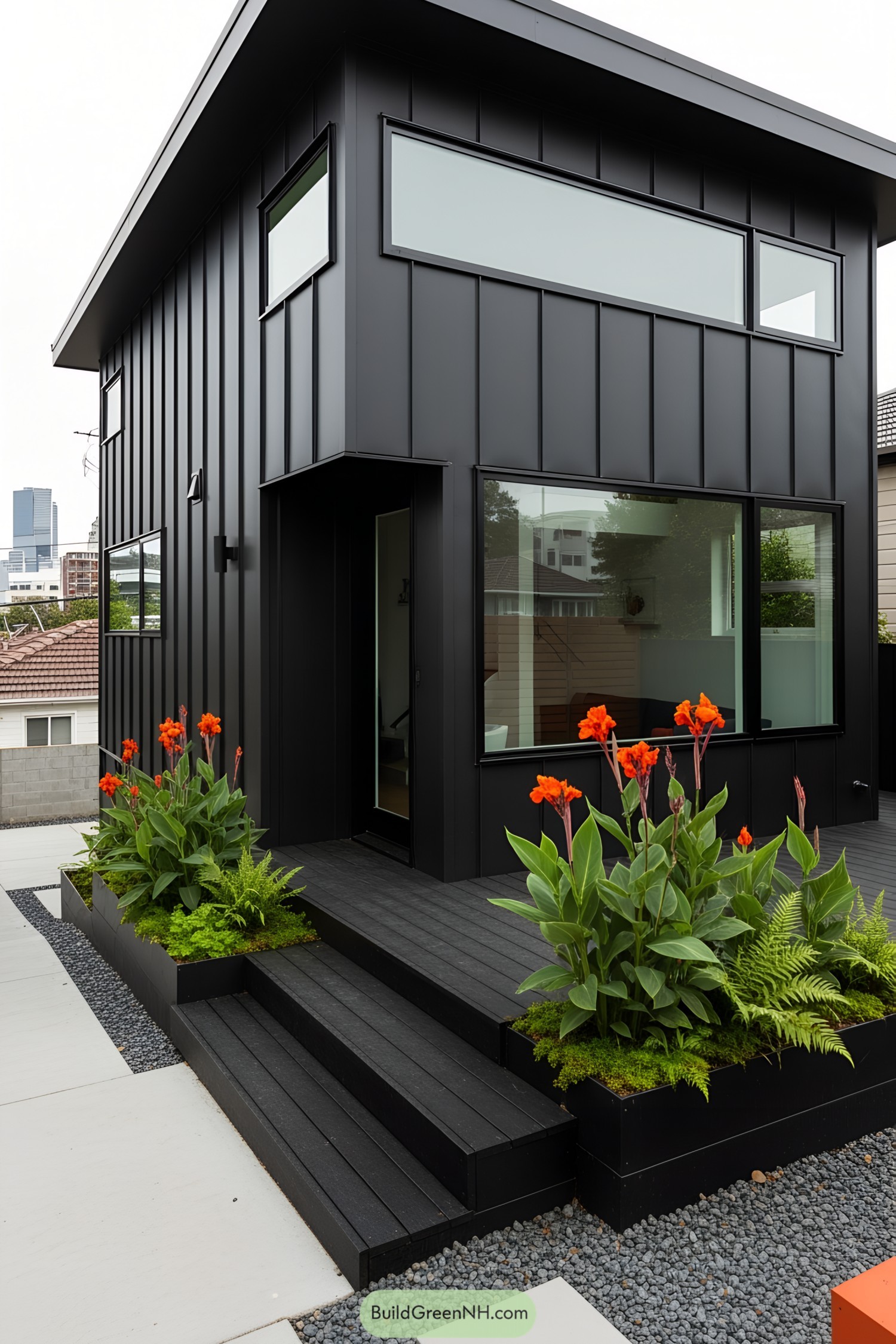 Stylish black tiny house with garden