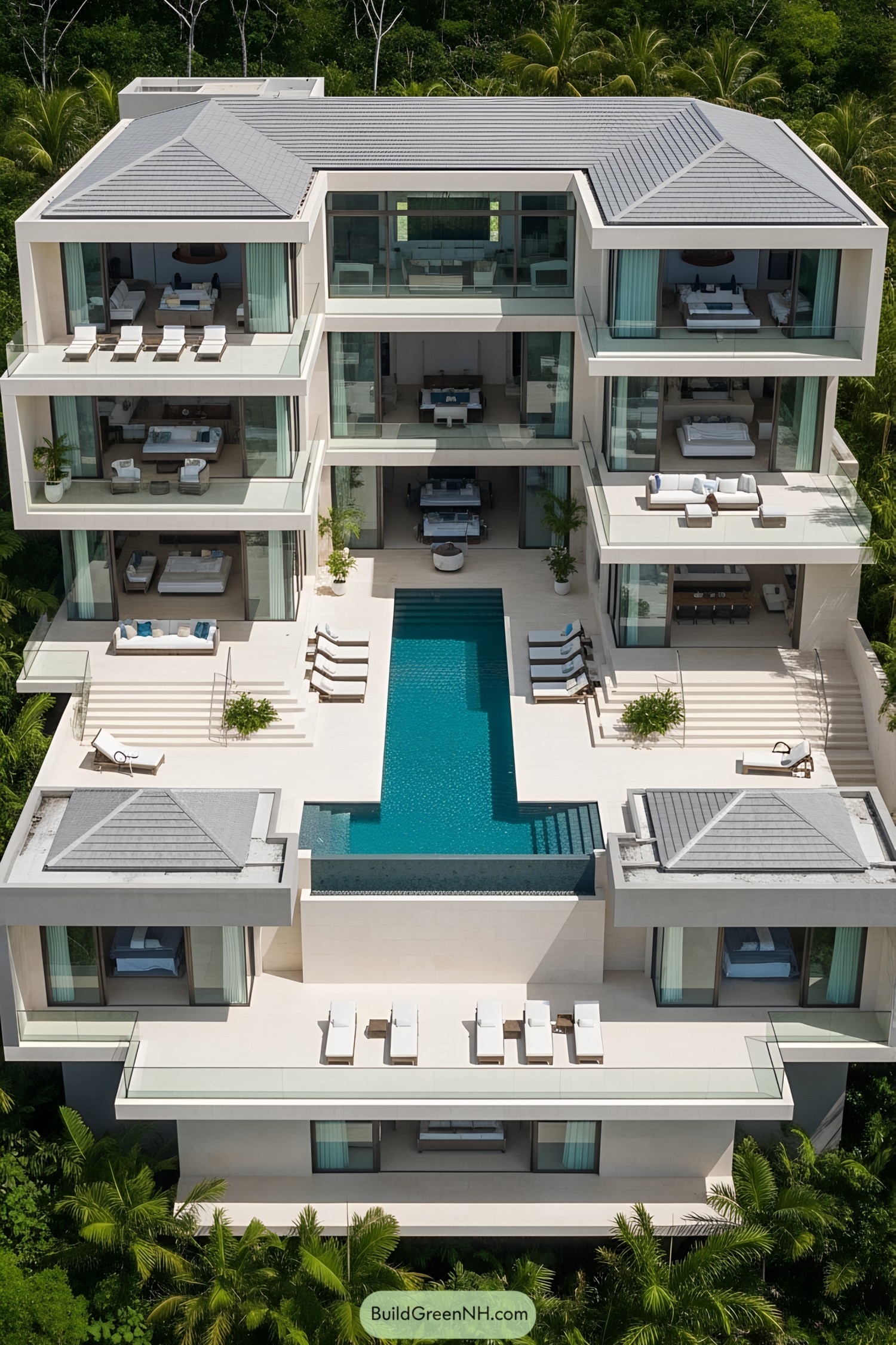 Stunning villa with balconies and a central pool