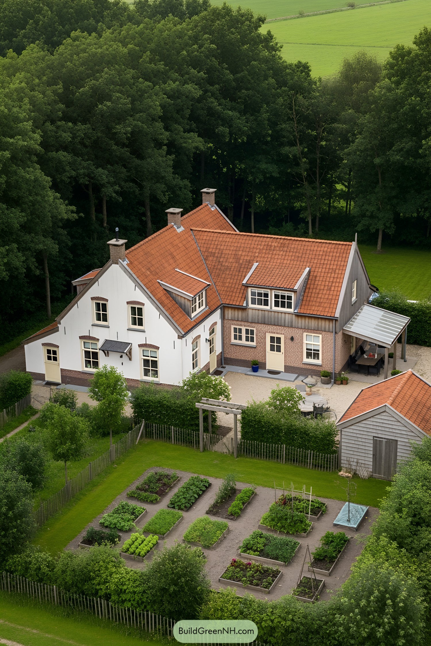 Red-roofed Dutch farmhouse with lush garden