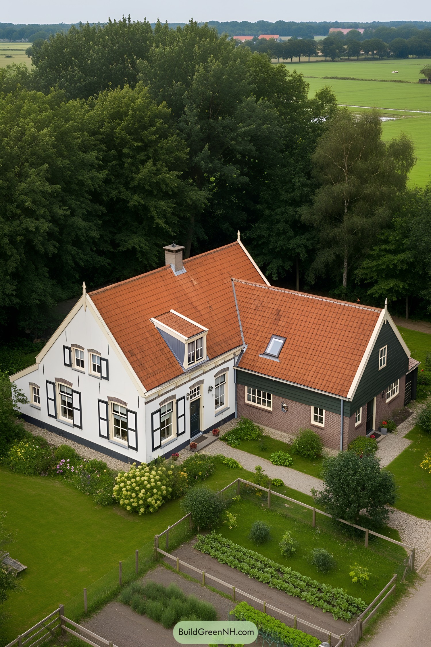 A traditional Dutch farmhouse with a red tiled roof surrounded by lush gardens and fields