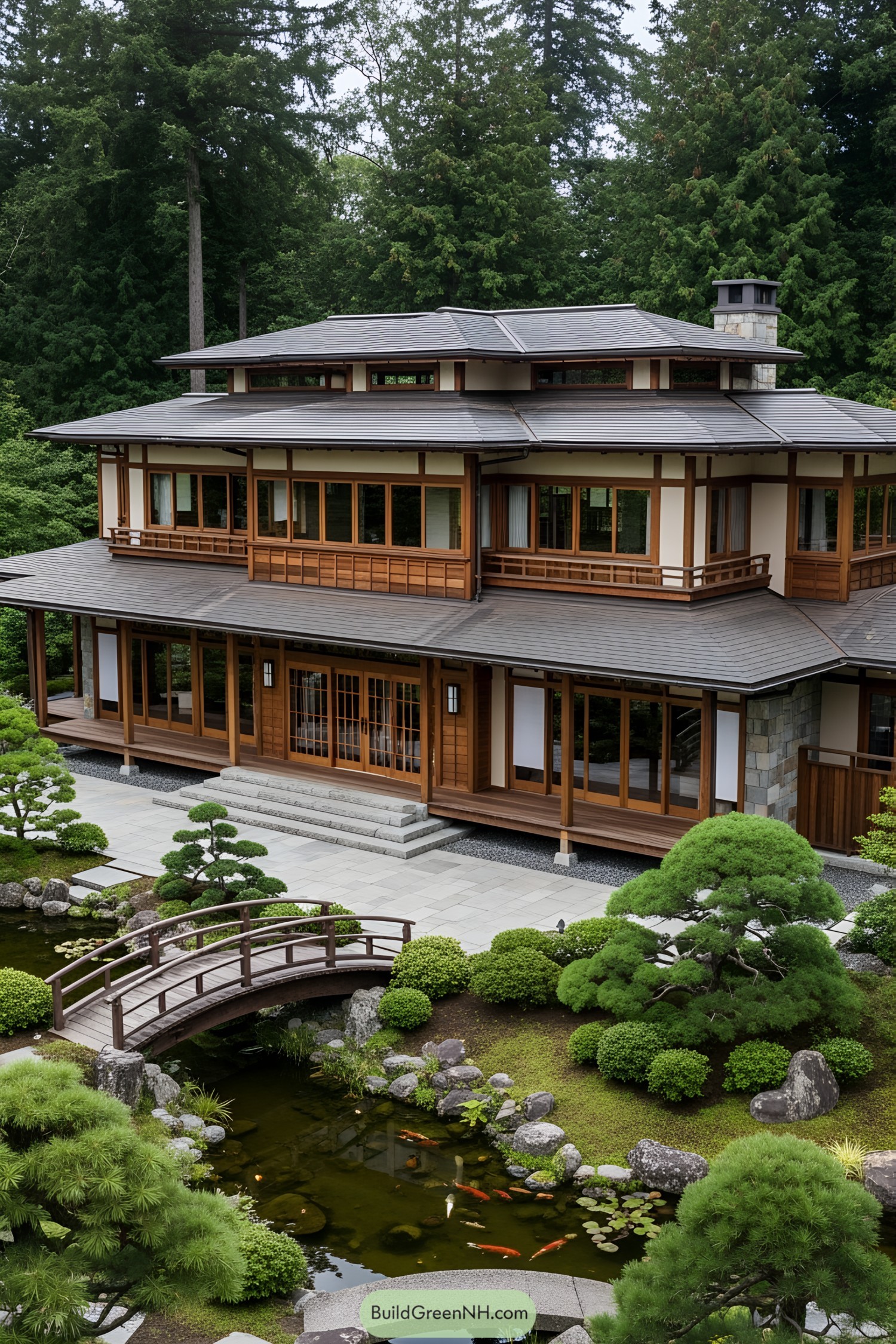 Elegant Japanese-style house with a garden and koi pond