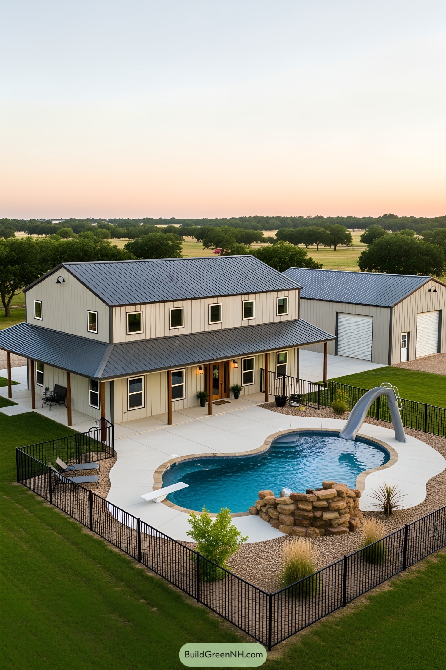 Barndominium with pool and a slide surrounded by greenery