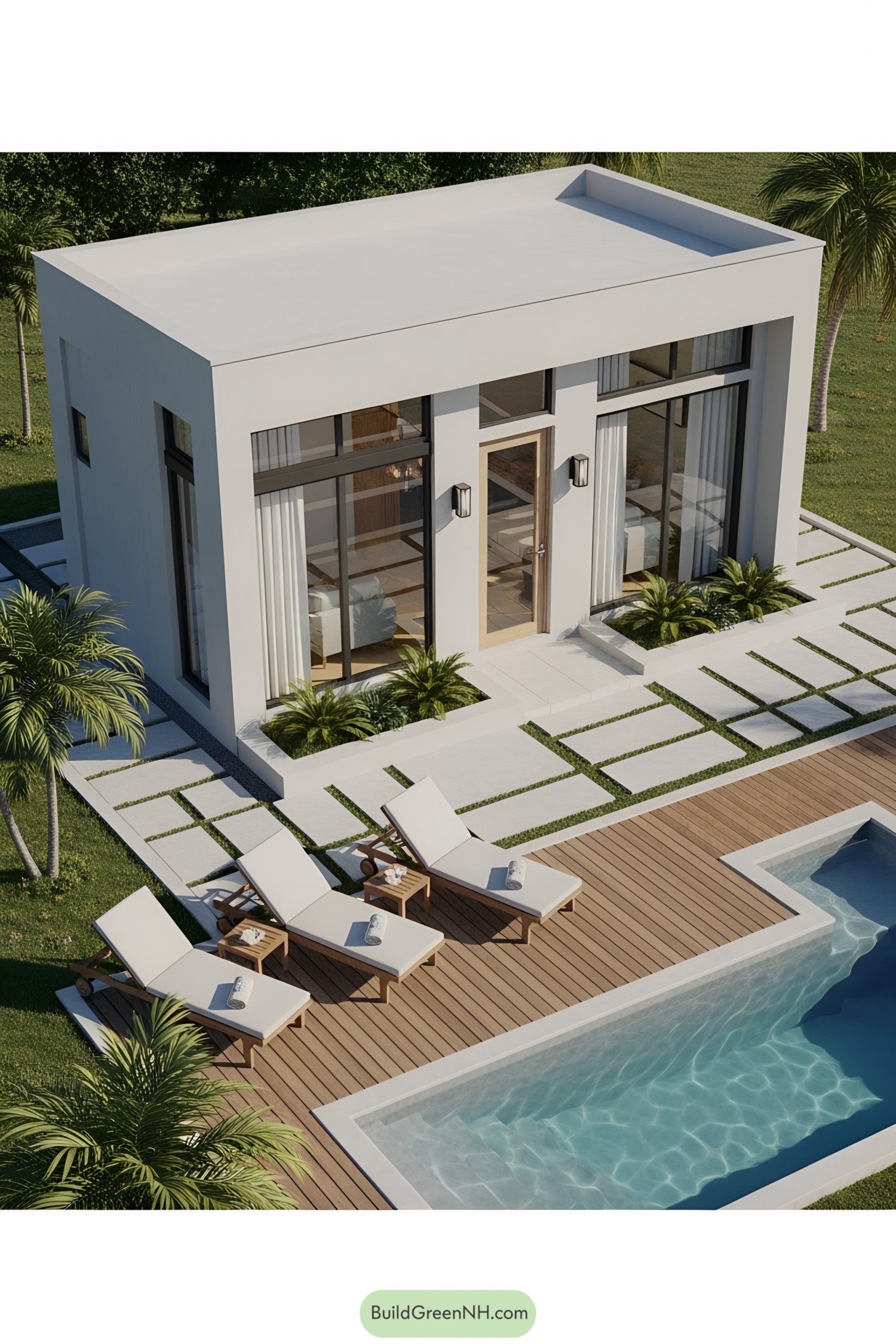 Compact poolside house, sleek modern design with lounge chairs and pool