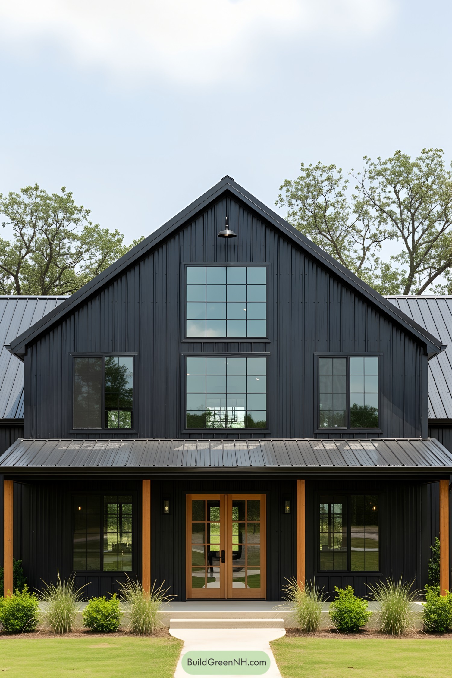 Front view of a sleek black barndominium with large windows