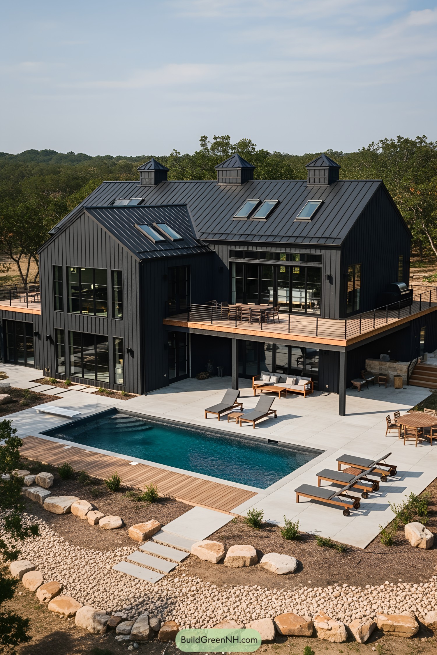 Sleek black barndominium with pool and terrace
