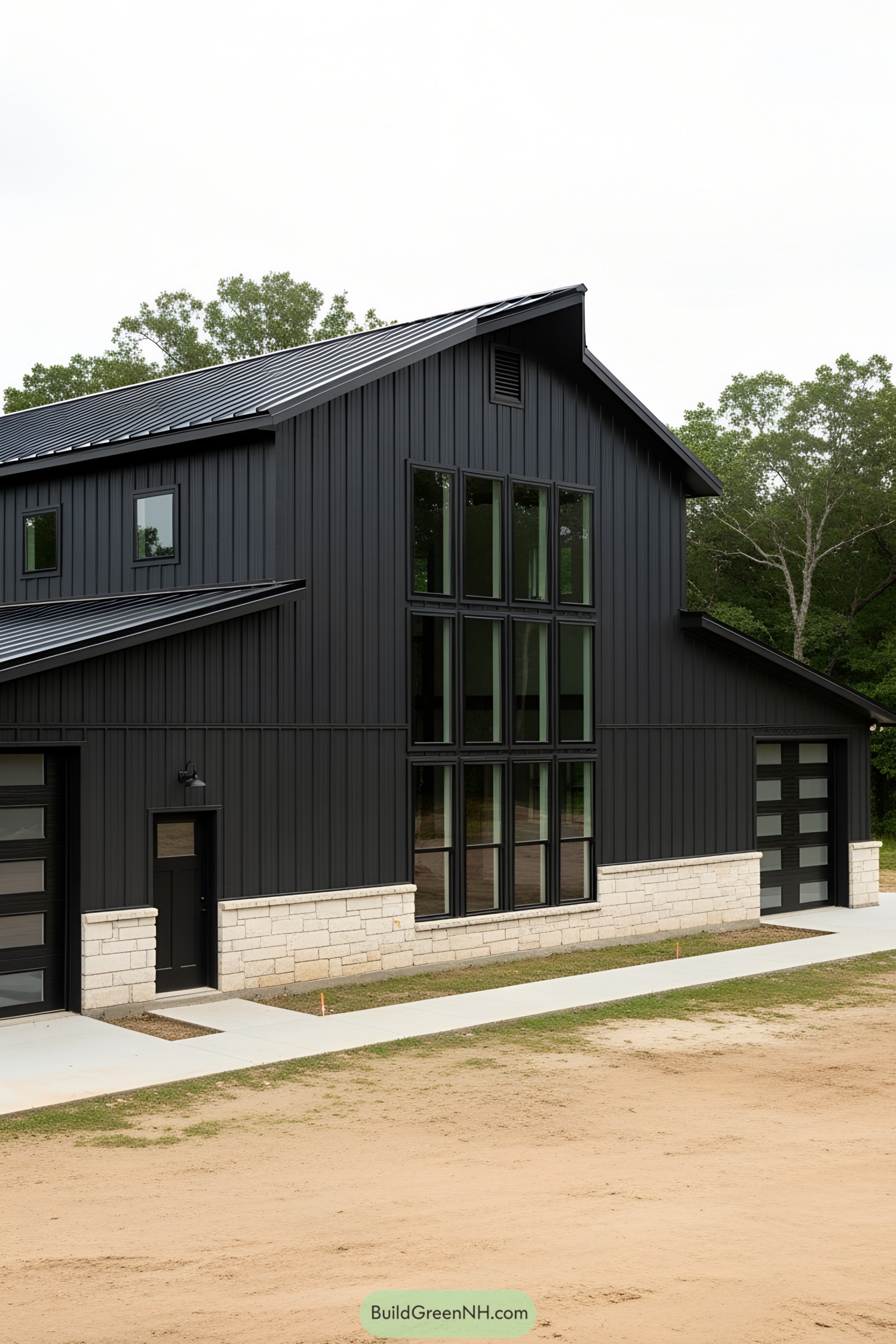 Modern black barndominium with large windows