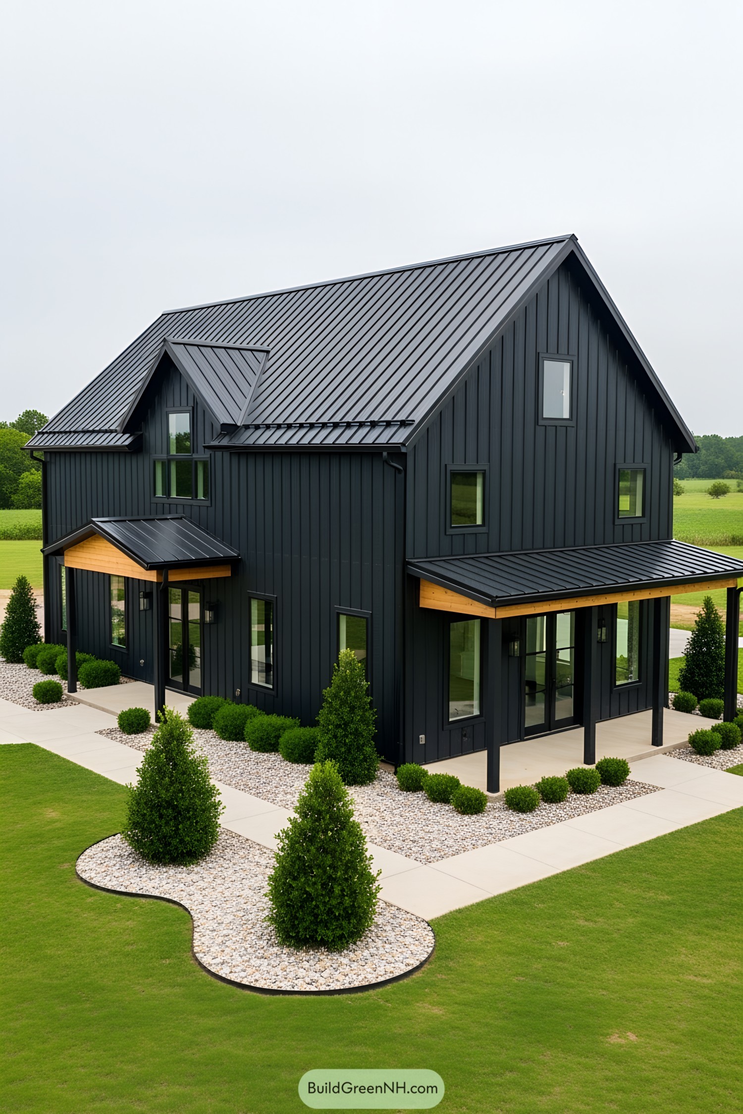 All-black barndominium with lush greenery