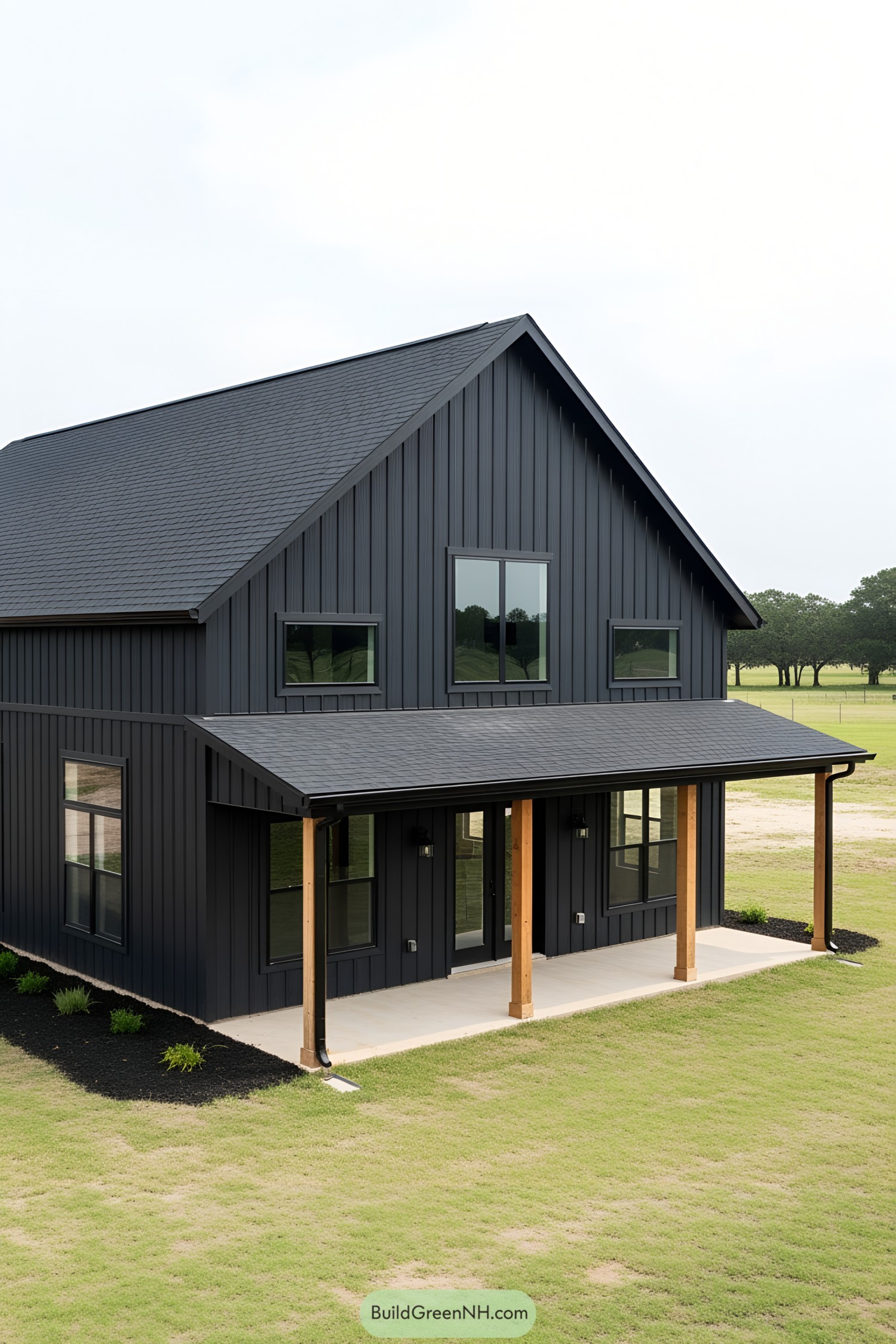 Sleek black barndominium with modern design