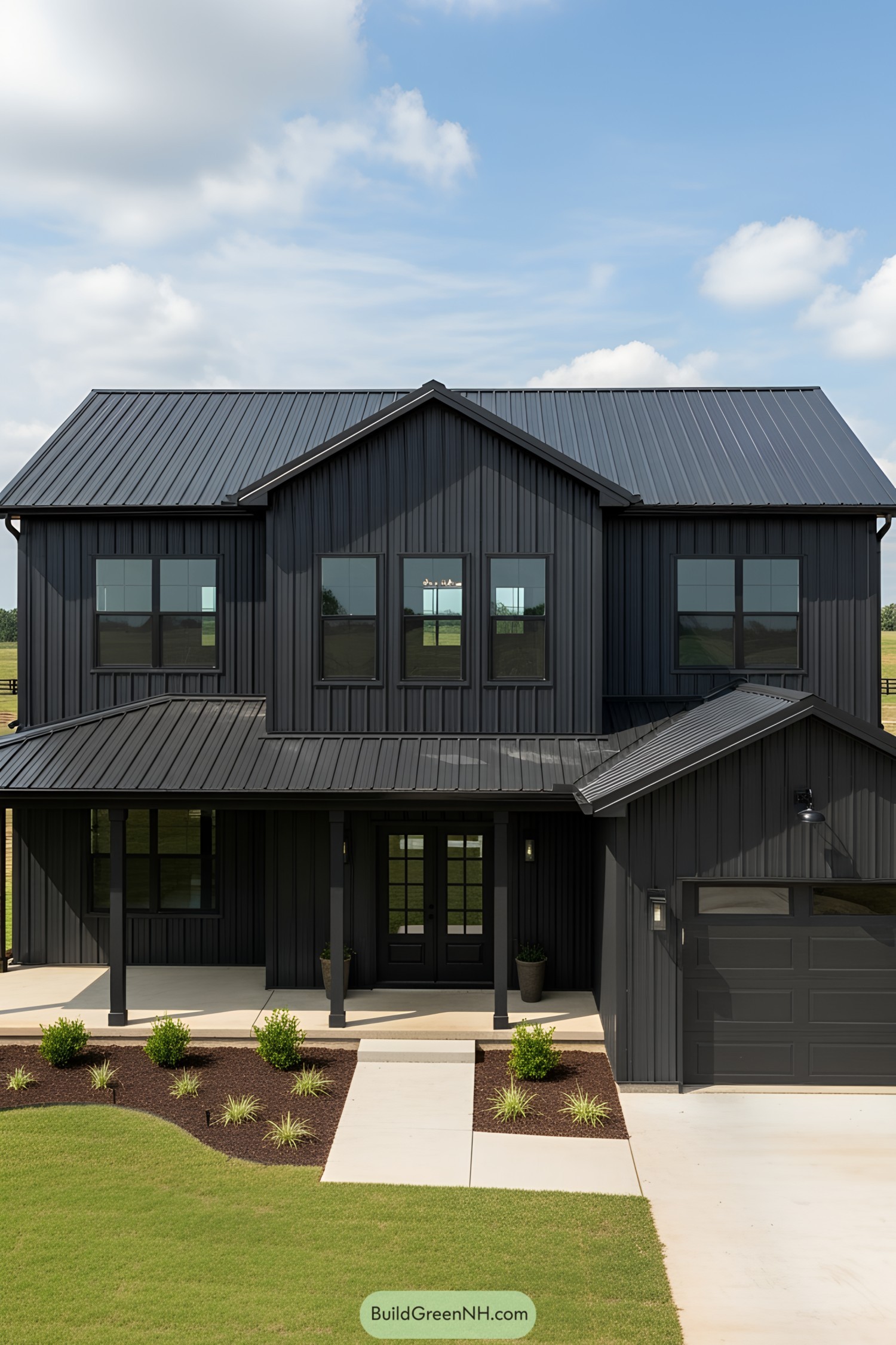 Sleek black barndominium with clean lines