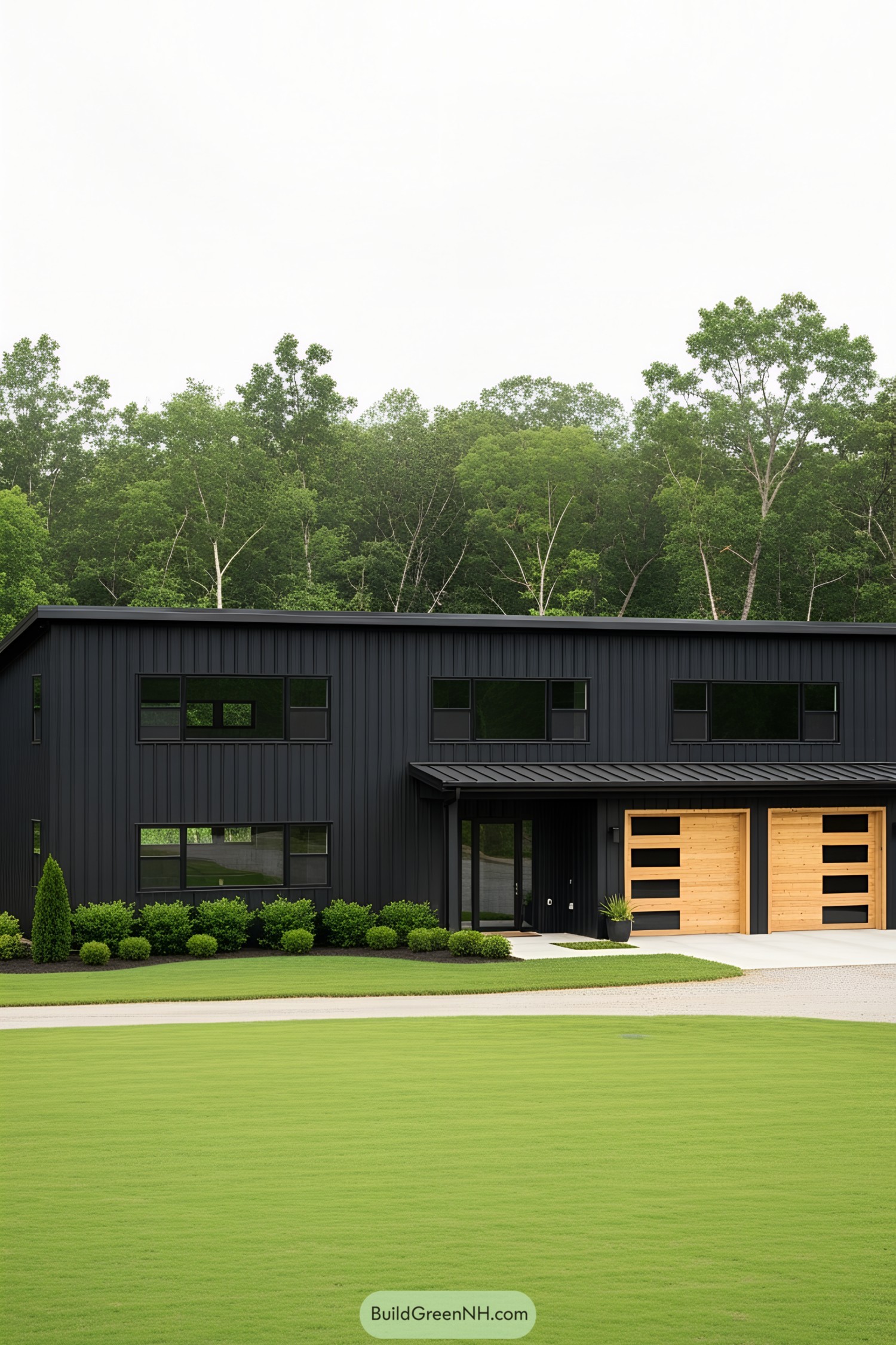 Sleek black barndominium with wooden garage doors