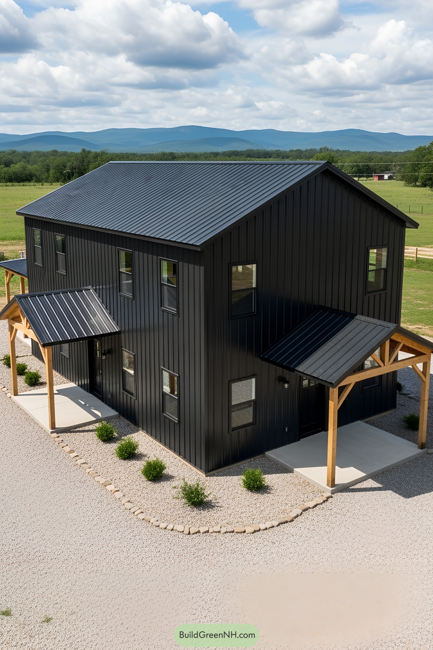 Black barndominium with wooden accents