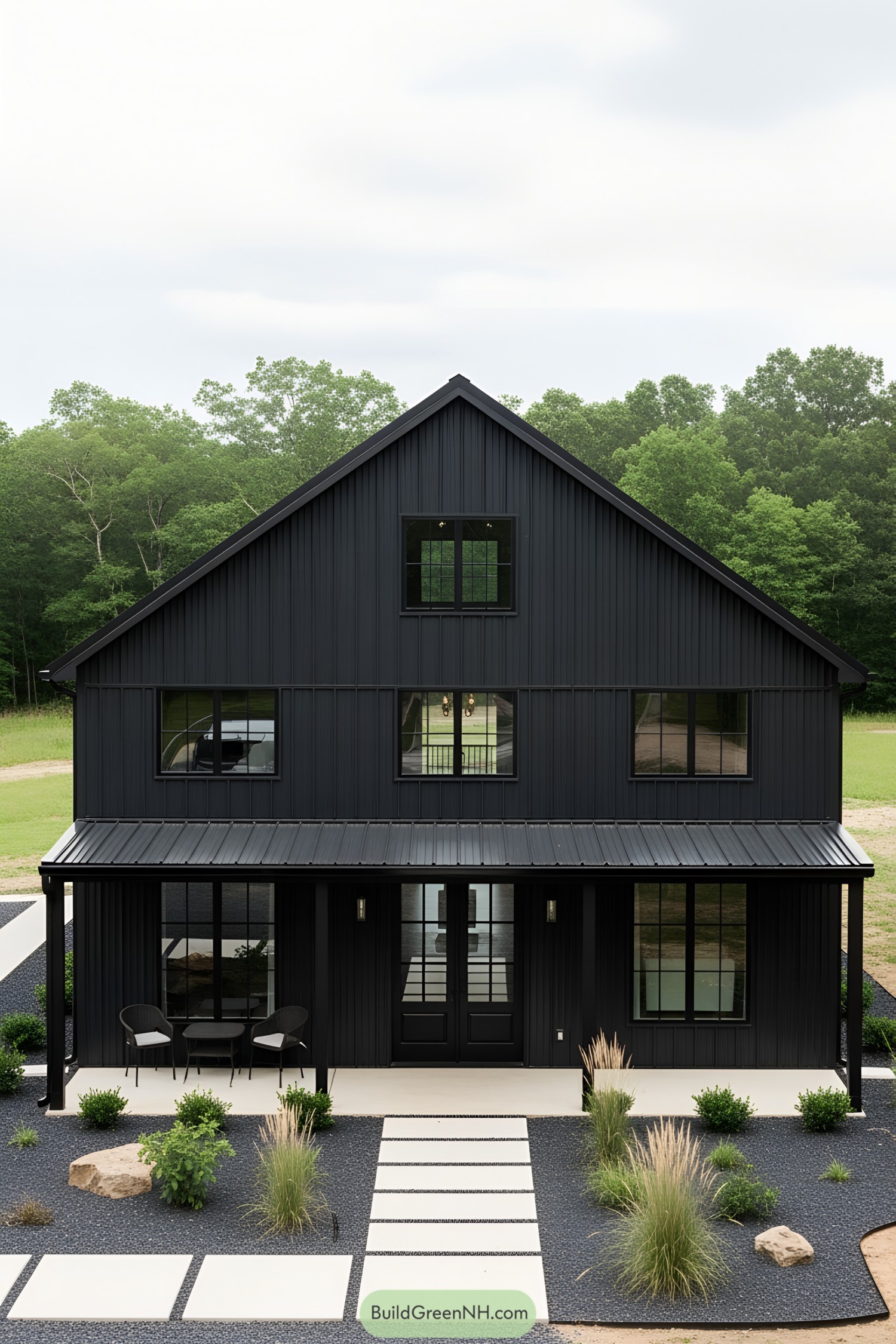 Sleek black barndominium with modern accents