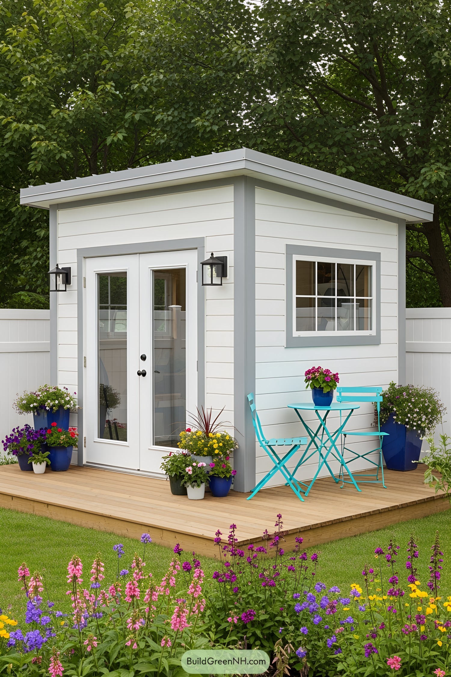 White shed with a small porch and colorful plants