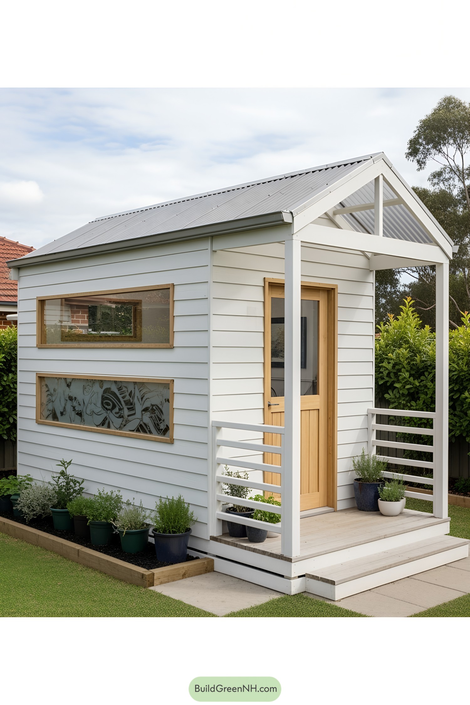 White shed with wooden accents and potted plants