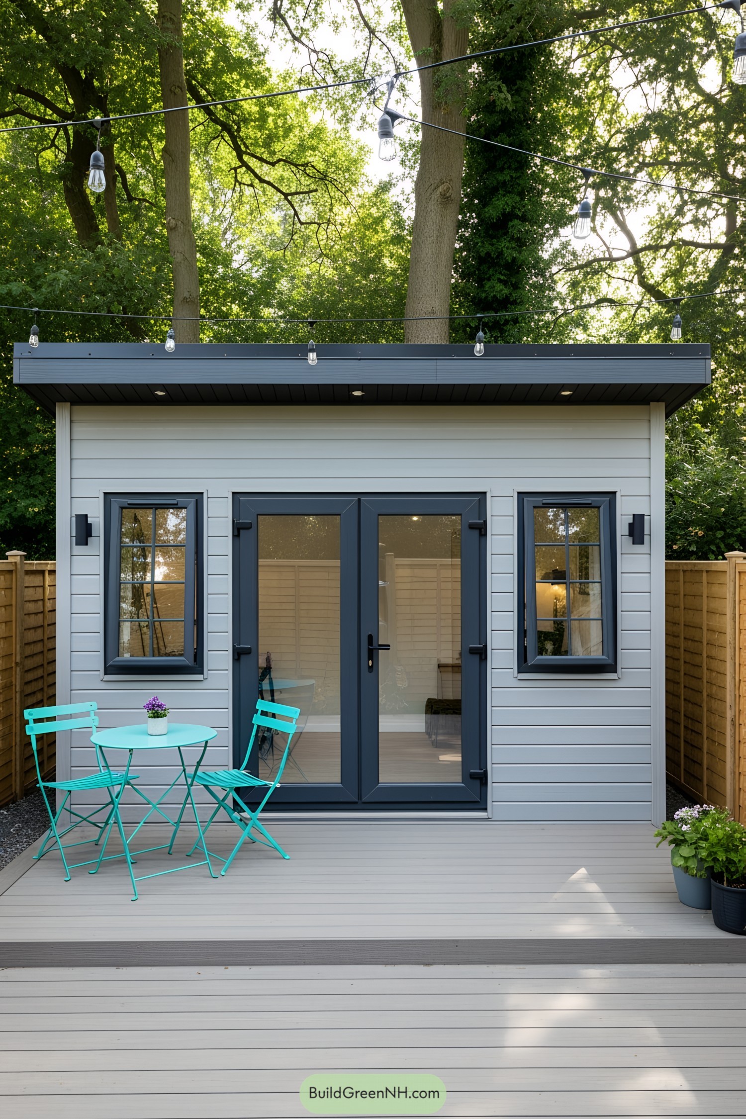 Small gray art studio with turquoise patio set