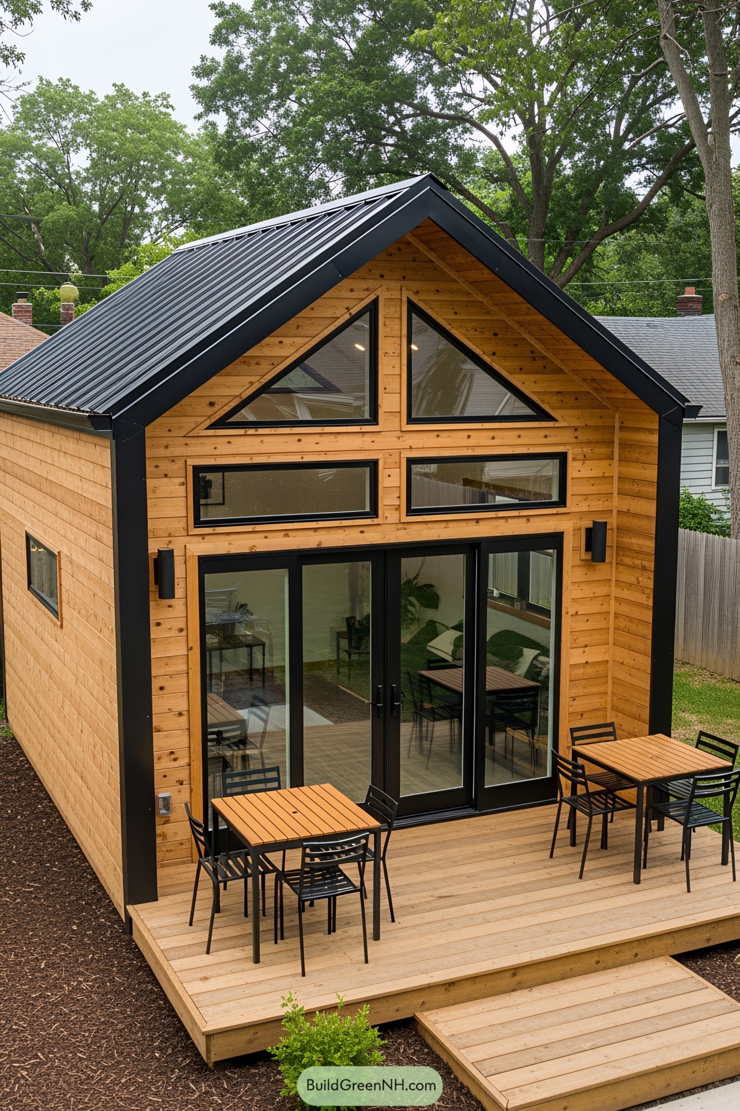Small wooden shed with large windows and black trim