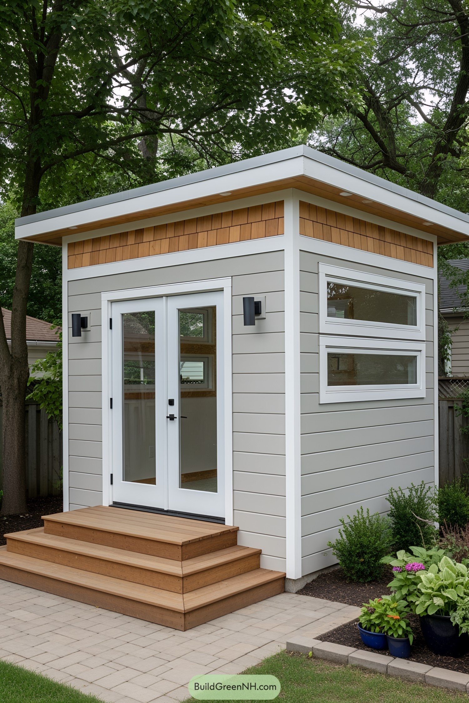 Small, sleek shed nestled among trees