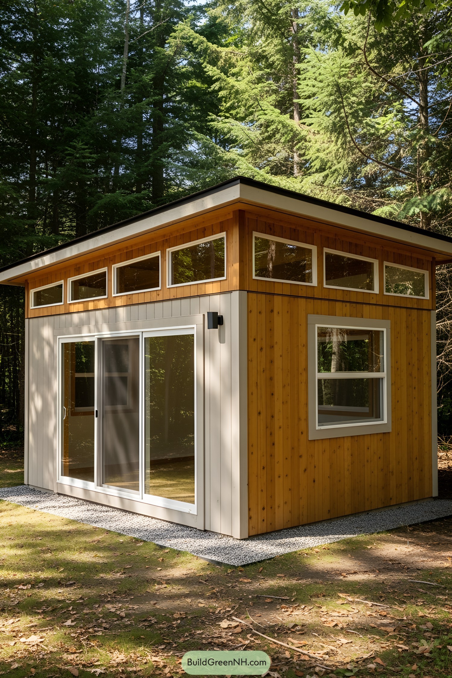 Small wooden studio with tall windows in a forest setting