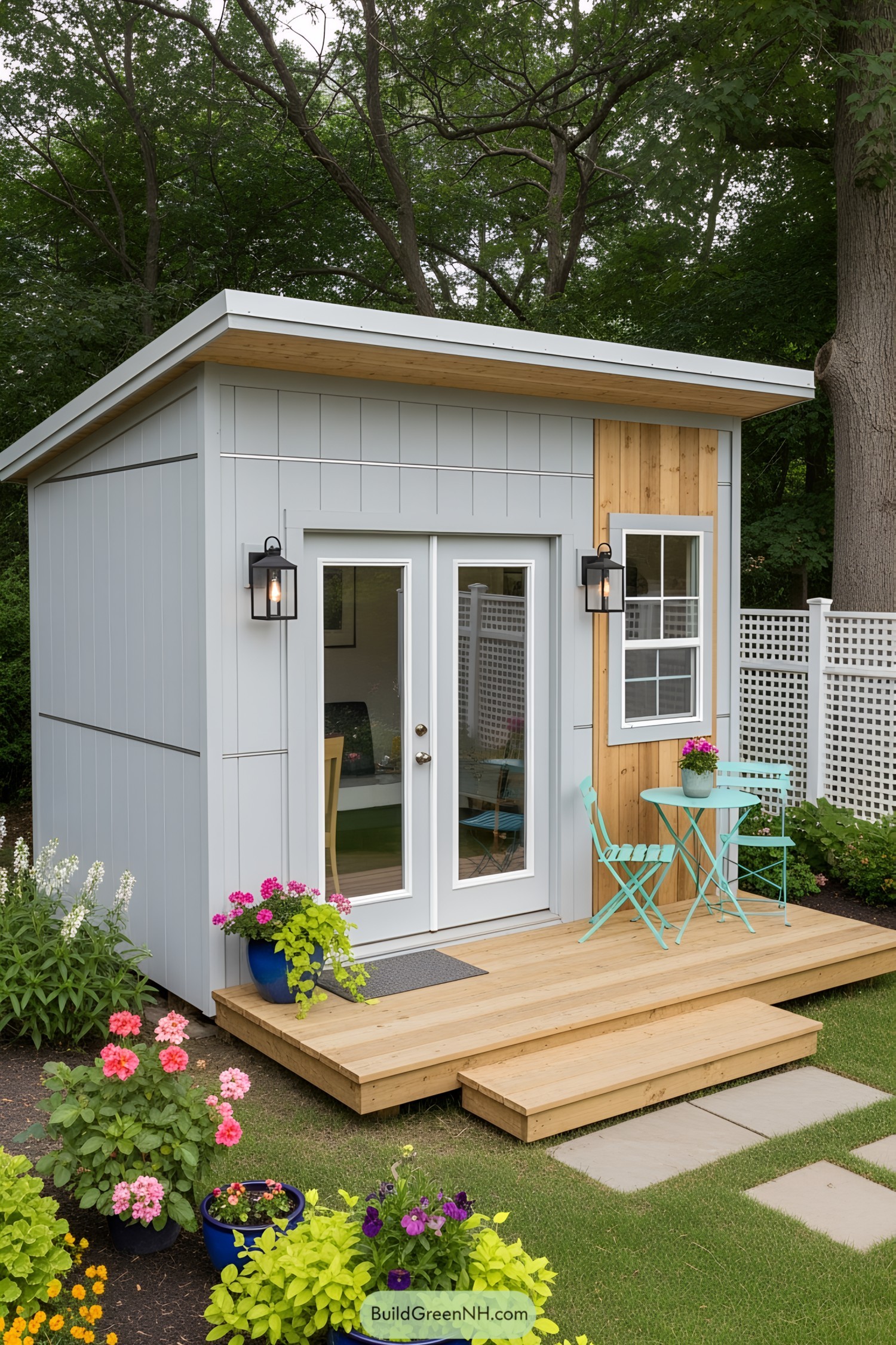 Small shed with pastel accents and garden views