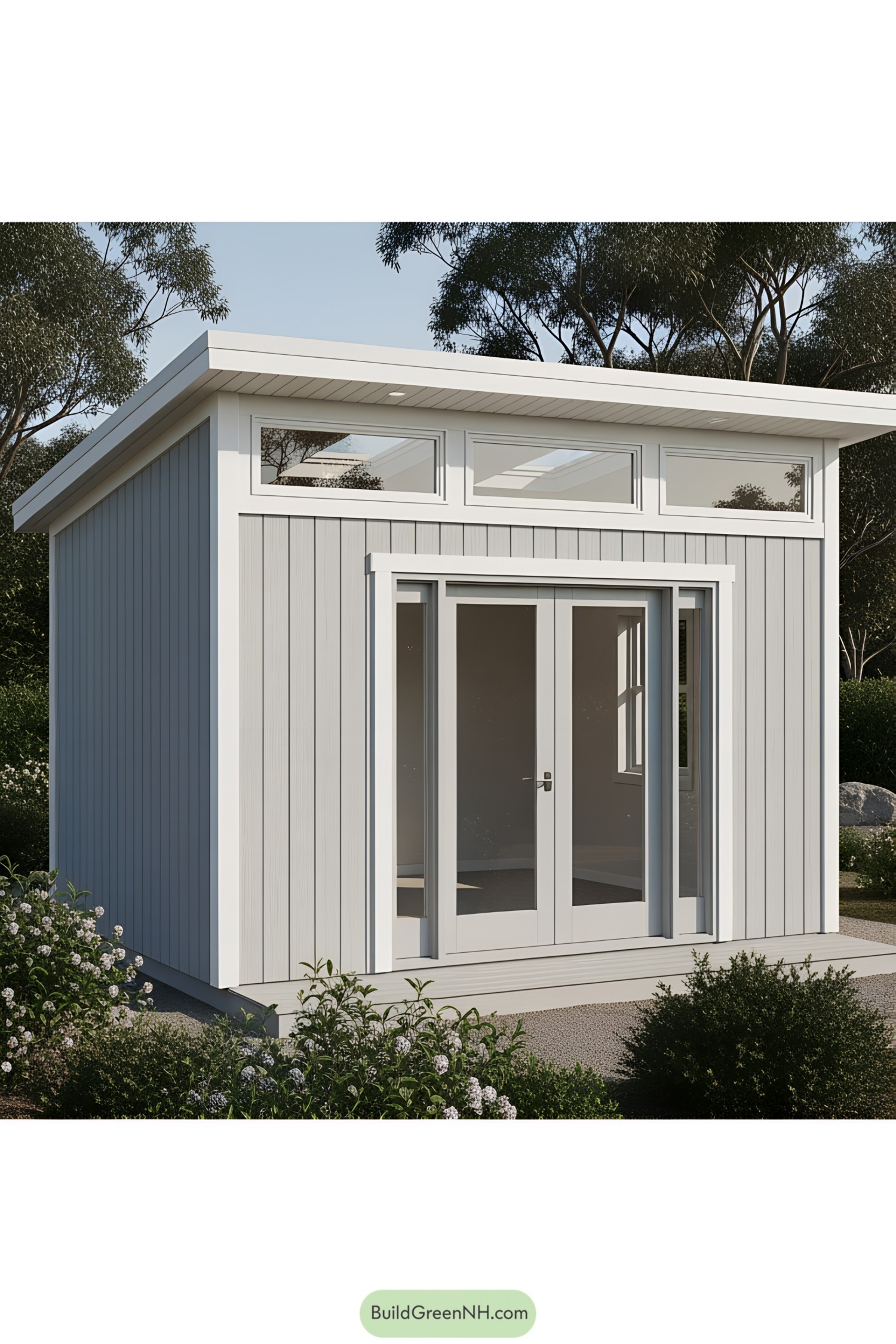 Modern shed with large windows and a clean design