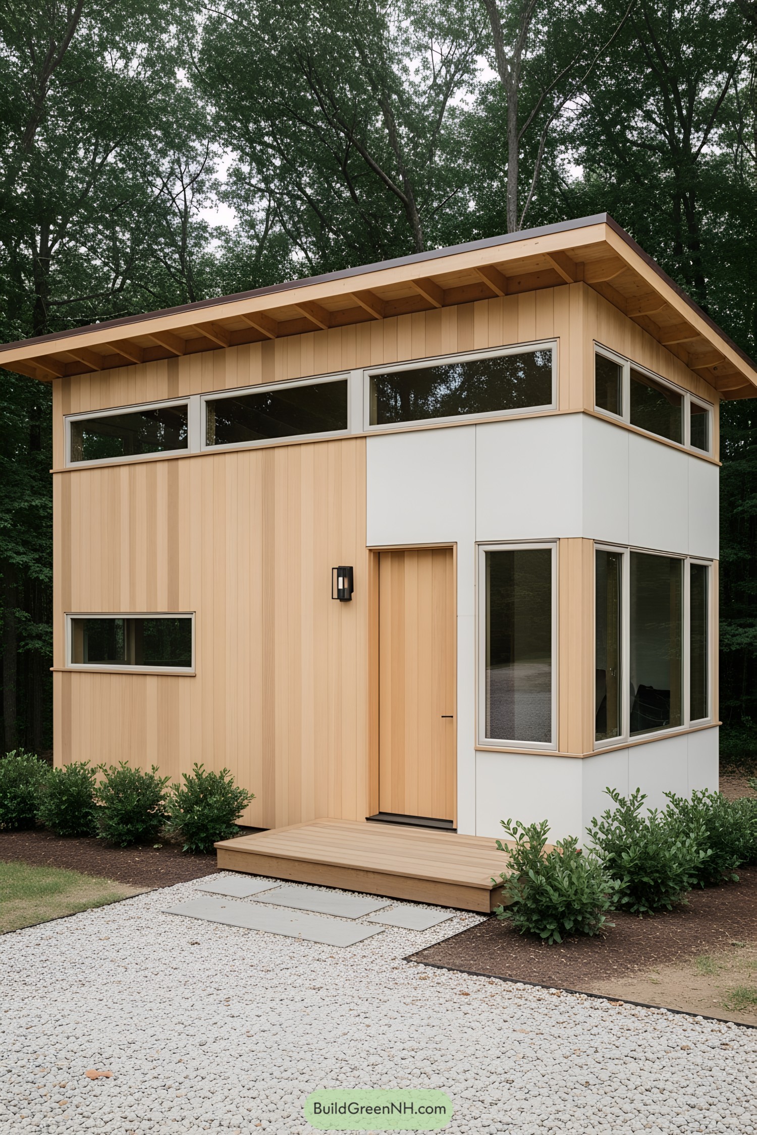 Compact wooden shed with a modern design in a wooded setting