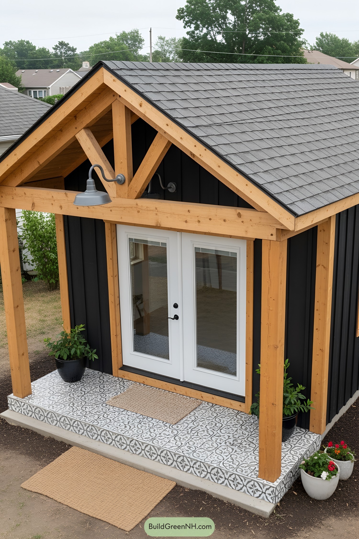 Charming wooden shed with patterned steps